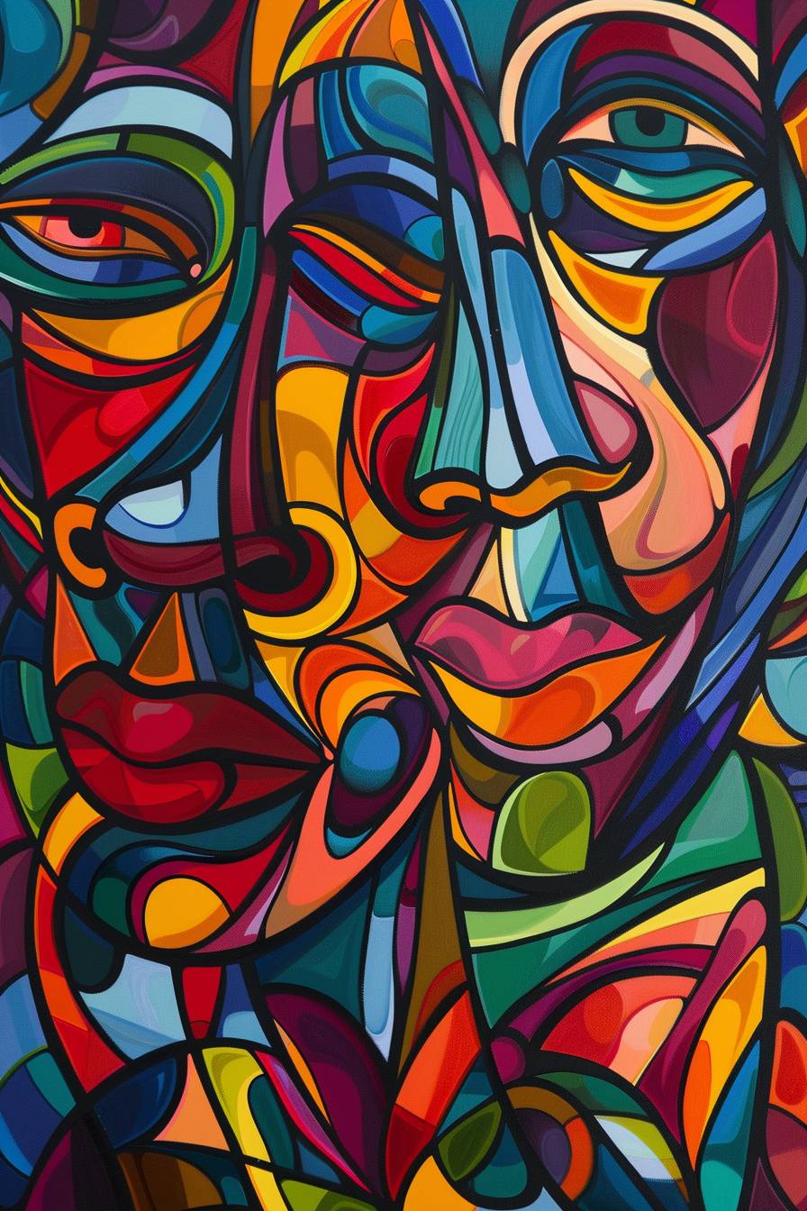 An abstract painting featuring two figures, one male and one female, in vibrant colors with smooth lines and detailed facial expressions, depicting a moment between them. The background is filled with abstract shapes that complement their forms, creating a harmonious composition while focusing on their faces.