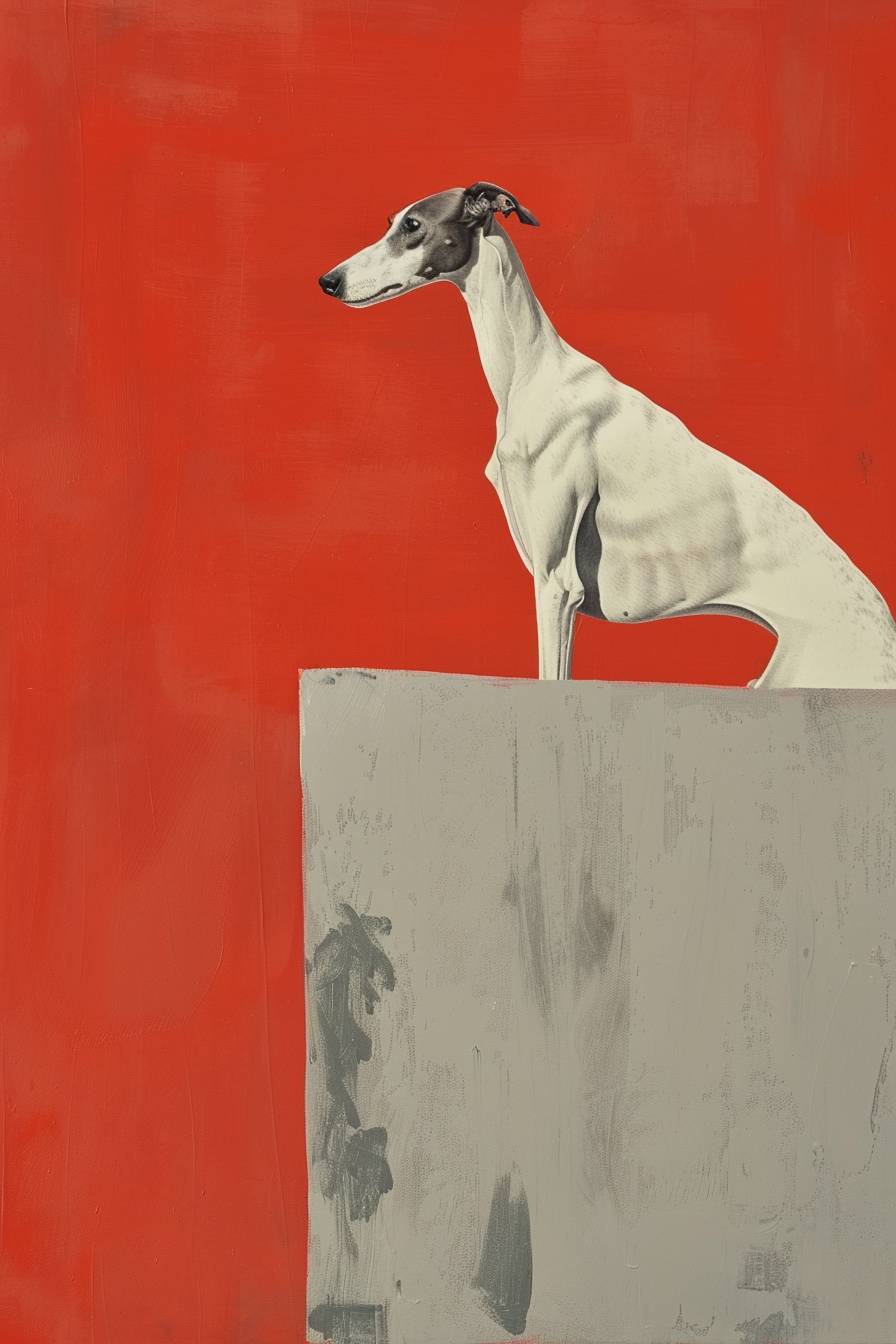 A minimalist illustration of an elegant white and tan greyhound standing on the top edge, leaning over a large blank canvas with a red background. The dog is shown in a profile view. It has long legs that convey motion. There's an air of elegance in its pose. A minimalist painting in the style of David Hockney depicting an empty box made from gray linen fabric. Light reflects off the surface of the soft textured material. In front, there is the head of one black greyhound, extending its paw to say hello.