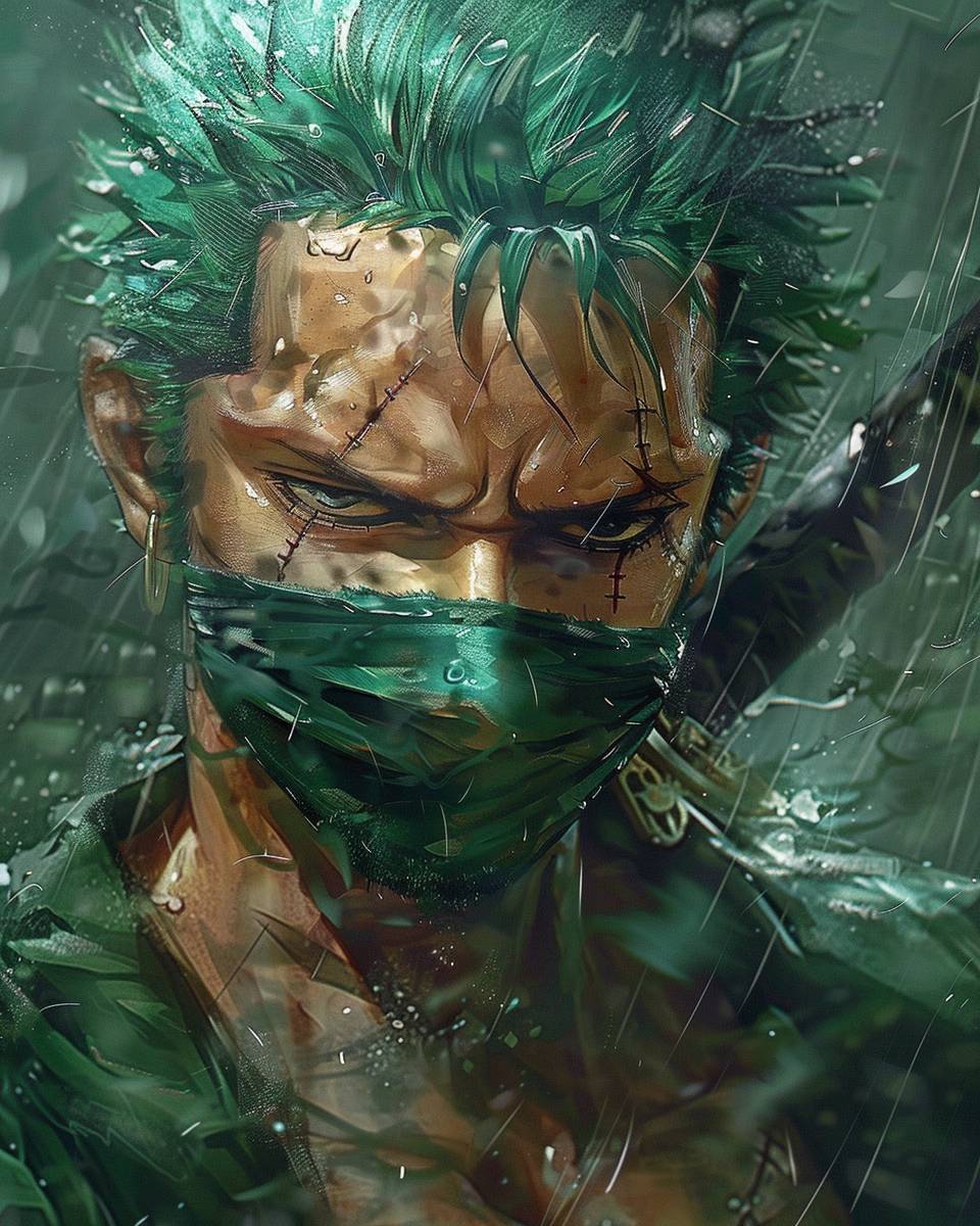 Craft an epic portrait of Roronoa Zoro from One Piece, wearing a ninja mask. Clear and close-up Full HD 32K resolution for maximum impact --ar 4:5  --v 6.0
