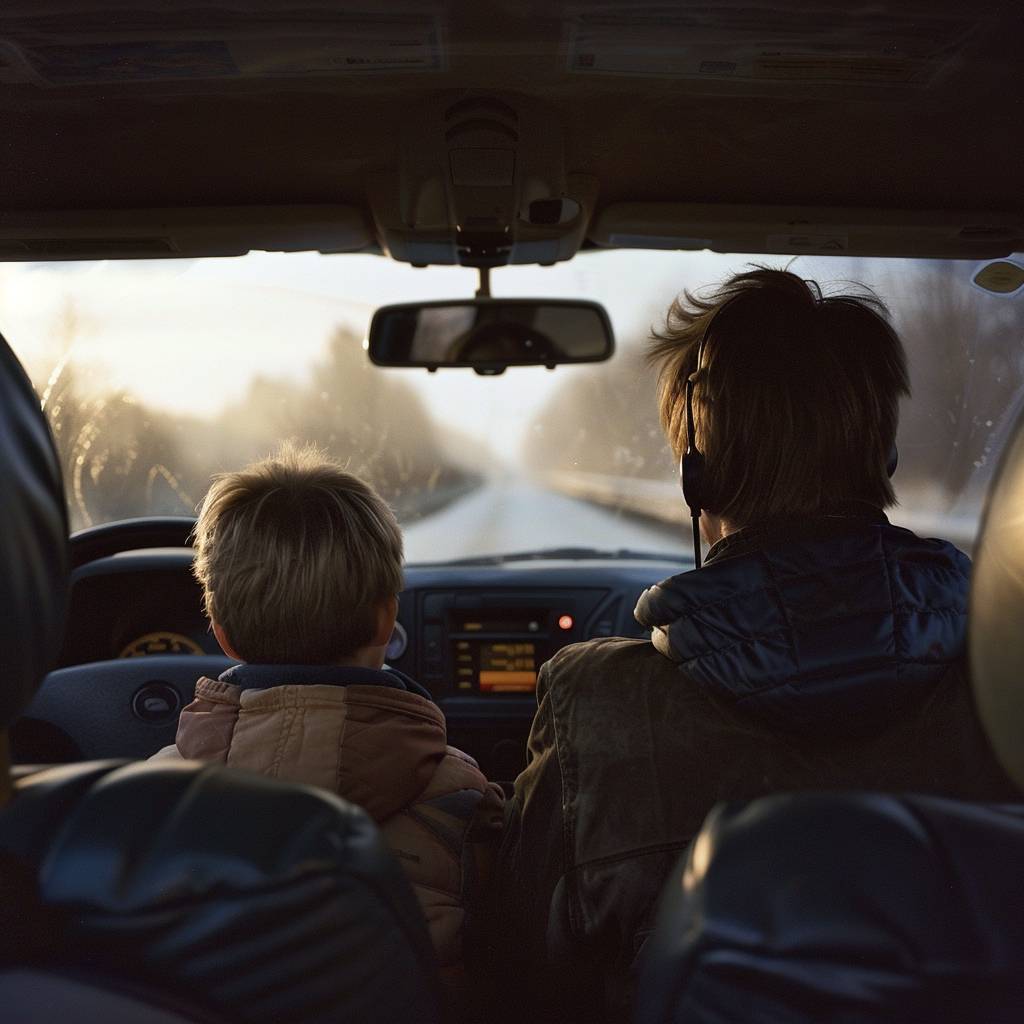 Interior view of a moving car. Father (28 years) and son (10 years) are just getting to know each other and are sitting together in the car, driving to Holland where the father is supposed to pick up drugs. The atmosphere is dramatic and both are strapped in, observing the view through the windshield.