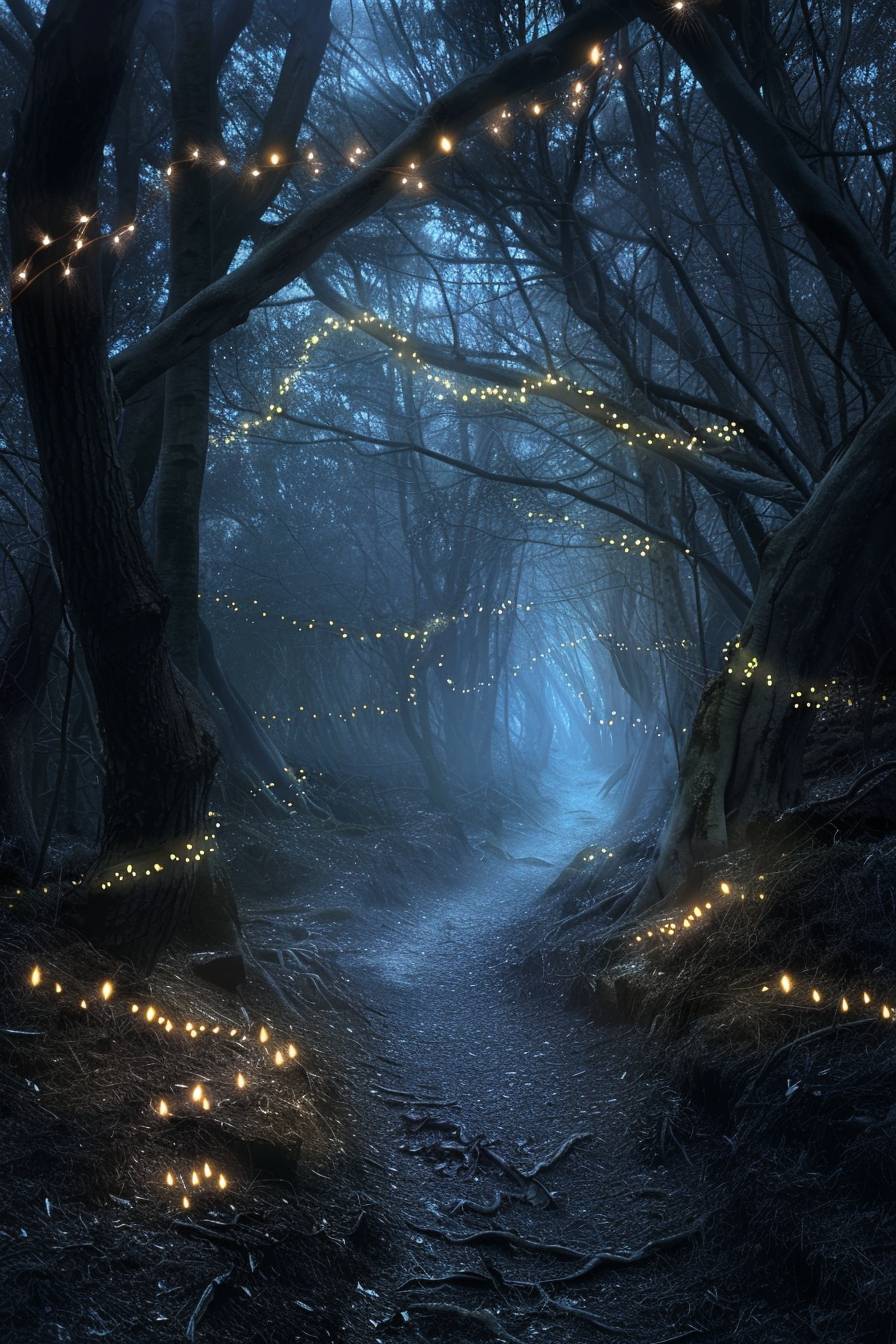 In the style of Peter Elson, fairy lights lead the way through a dark forest