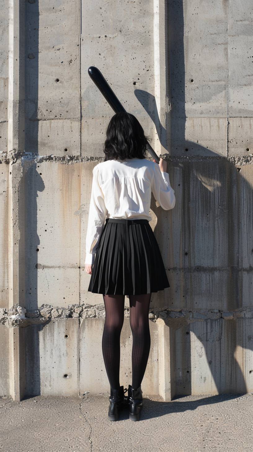 A high-resolution, full-color photograph of a young woman standing with her back to the camera, facing a concrete wall. She is holding a black baseball bat over her shoulder with one hand. The woman is wearing a white top, a black pleated skirt, black tights, and black shoes. Her hair is medium-length and black. The wall in front of her casts a shadow of a giant rubber chicken, which looks exaggerated and humorous. The scene is set outdoors in bright daylight, with the sunlight casting long shadows.