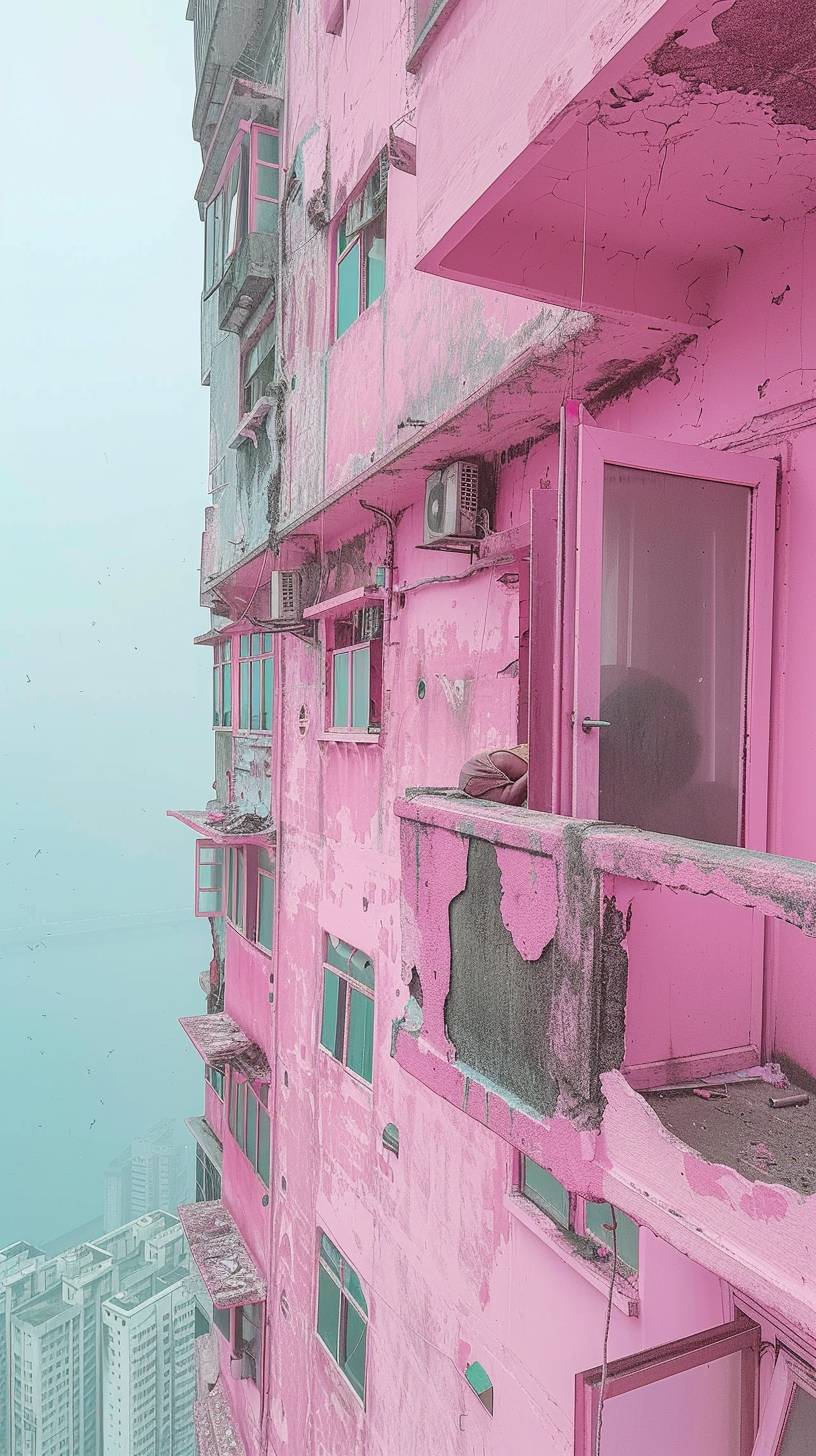 Photo of random weird stuff happening in the windows of slum city skyscrapers, the entire city is pastel pink.