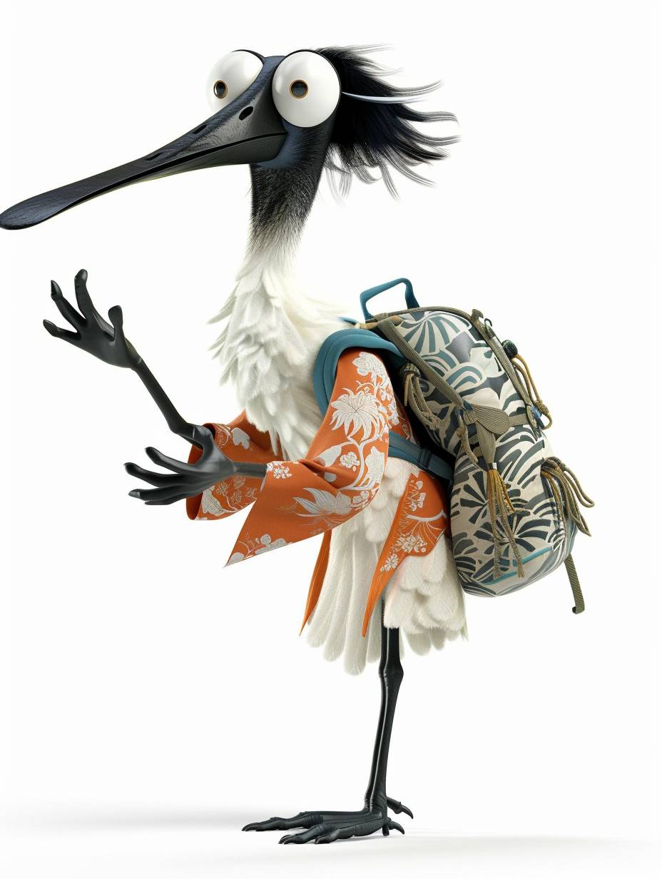 Black-faced Spoonbill wearing Chinese Tang Dynasty clothing, happy expression, waving, carrying a backpack and traveling, flat, long black beak, black face, long black legs, white body, white body, cartoon image, 3D style, blender.