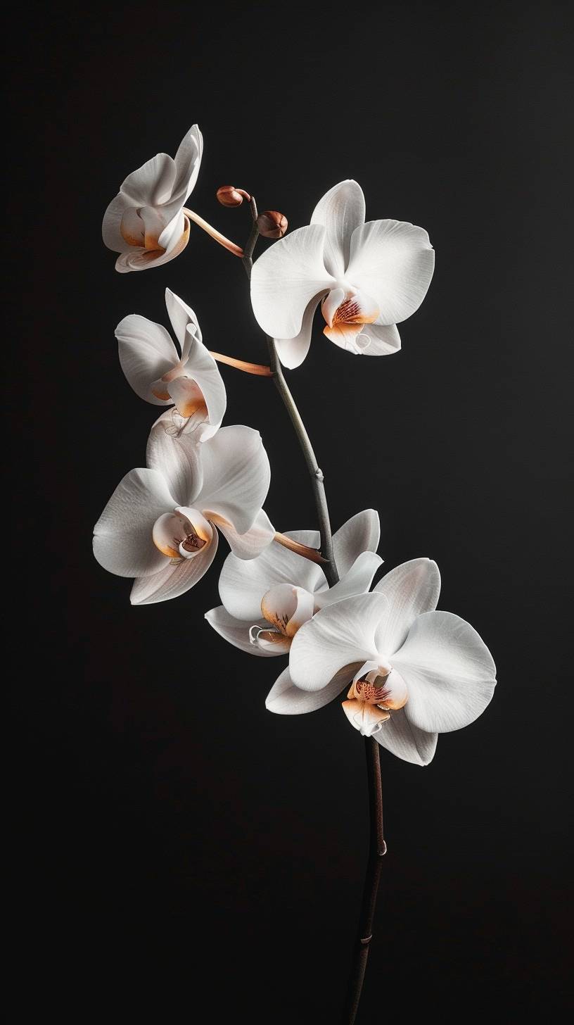 ハイパーリアリスティックで超詳細な白い一輪の胡蝶蘭、黒い背景に