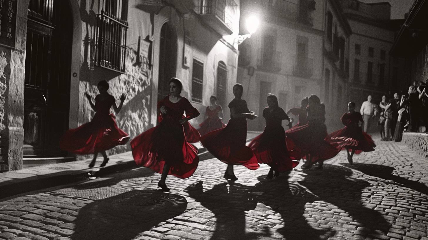 Seven dancers in a flamenco troupe. Intensity and rhythm. Red dresses. Seville street. Evening in 1990. Cobblestone street, spectators, old buildings. Wide shot, full body. Captured with a Canon EOS-1, Ilford HP5 Plus film. Street lamp casting long shadows, fabric caught mid-twirl.
