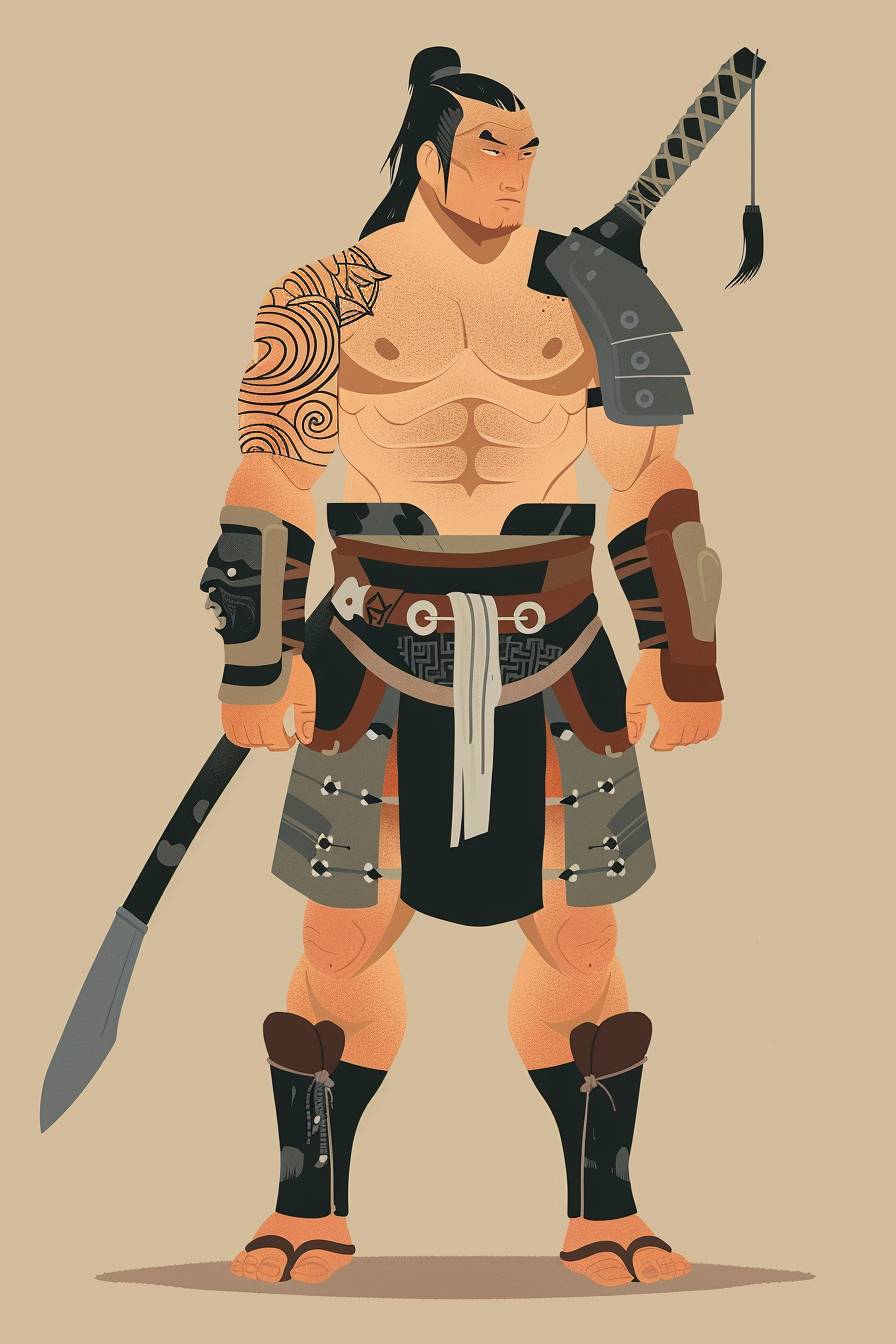 In style of Zhang Xiaogang, warrior character, full body, flat color illustration