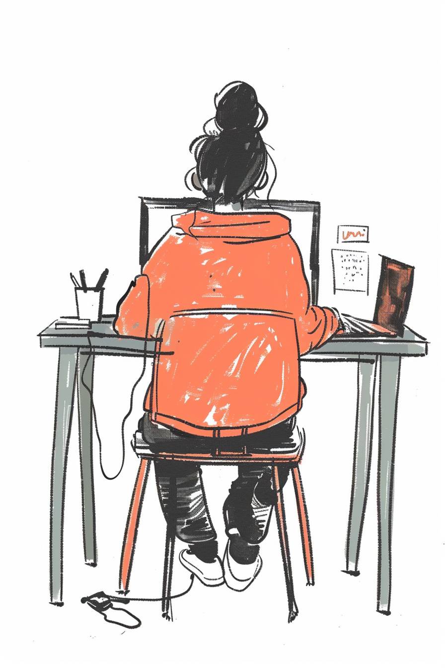 A desk, a laptop, a cute cartoon girl sitting in front of the computer, big eyes, exaggerated expression, doodle in the style of Keith Haring, sharpie illustration::1, bololines and solid colors, simple details, minimalist::1