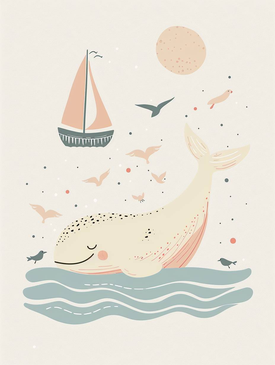 Cute happy whale, swimming in shining blue ocean, summer, boho style, minimalism, simple strokes, hand drawn style, children's illustration, seabirds and sailboat in background, sun, white background, flat design, simple lines, vector graphics, space on top of head, cute style, pastel tones, beige color scheme