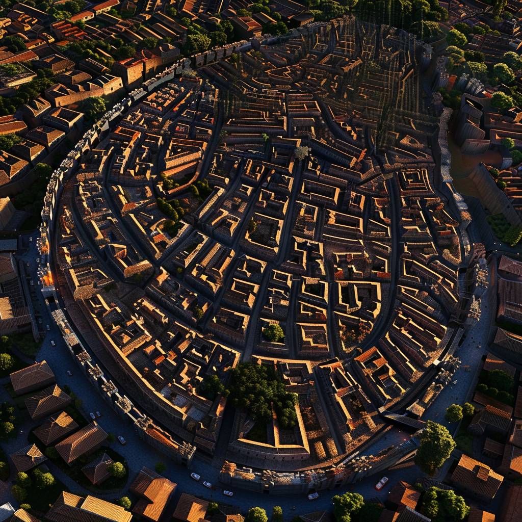 A large complete image in the form of a human fingerprint representing the streets and alleys of an ancient city, three-dimensional image, the background of the image is a very large olive leaf covering the image area, the image is accurate with high-quality details, the lighting in it is carefully studied.