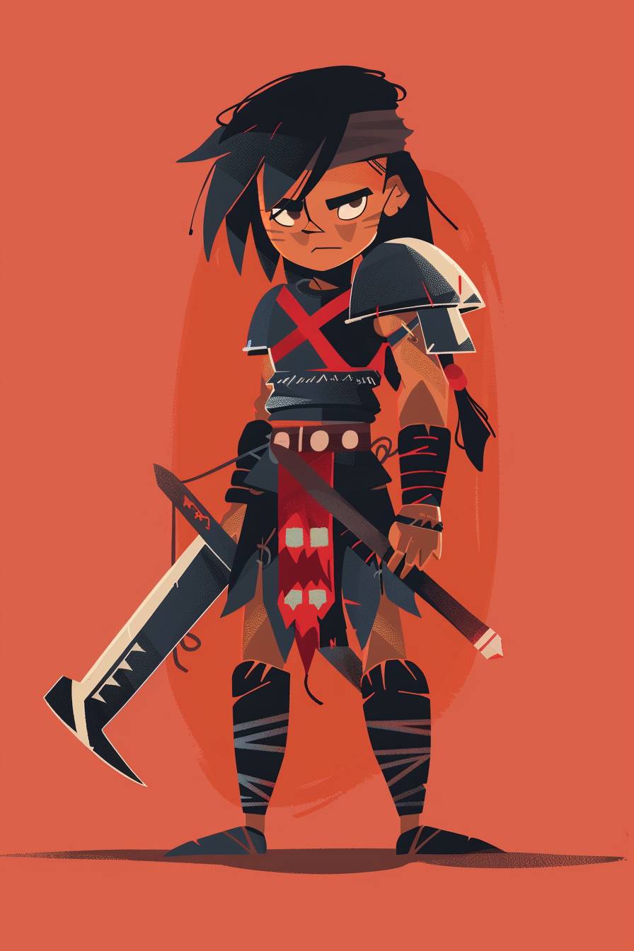 In style of Sarah Andersen, warrior character, full body, flat color illustration