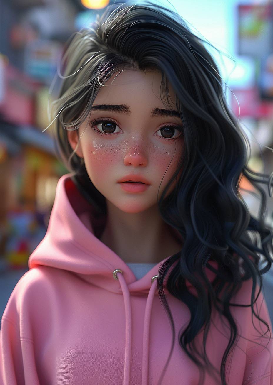 anime; cartoon; ultra realistic; pink city, young girl mixed race, named Laura Rijo, wearing pink hoodie, wavy black hair; in a anime city, ultra realistic, toca boca life world perfect, no imperfection, 4K, sad