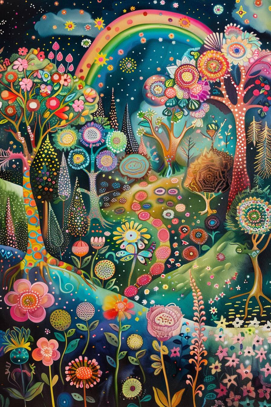 An enchanted garden with flowers, trees, and animals composed of bright, geometric patterns. The plants and creatures have a 3D appearance, giving depth to the garden, a patterned sky with a rainbow.