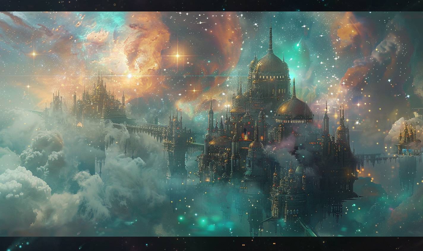 In the style of Krenz Cushart, a celestial city floating among the stars