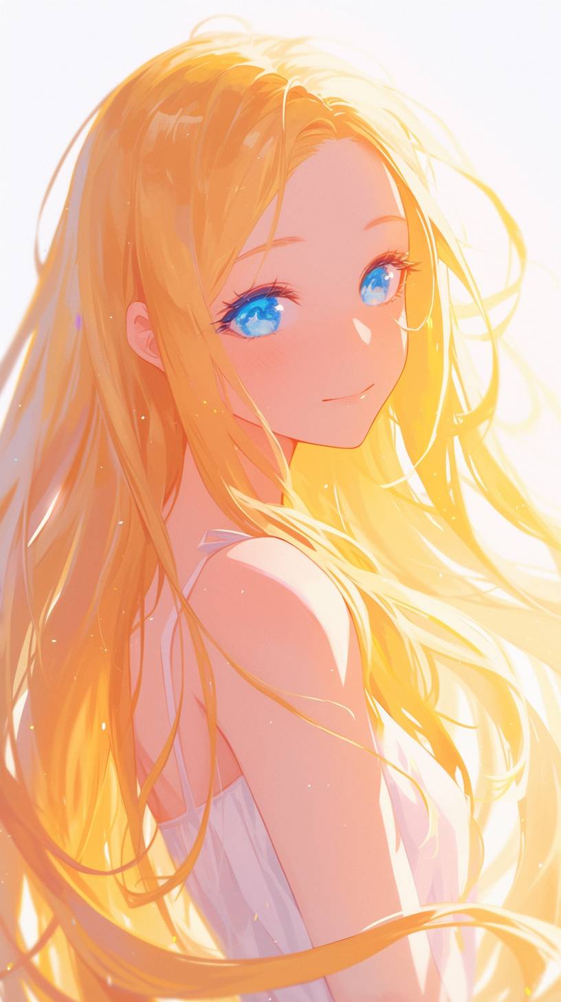 女の子、かわいい、長い黄色の髪、青い目、アニメの夏の日を思い起こさせる--ar 9:16 --niji 6
