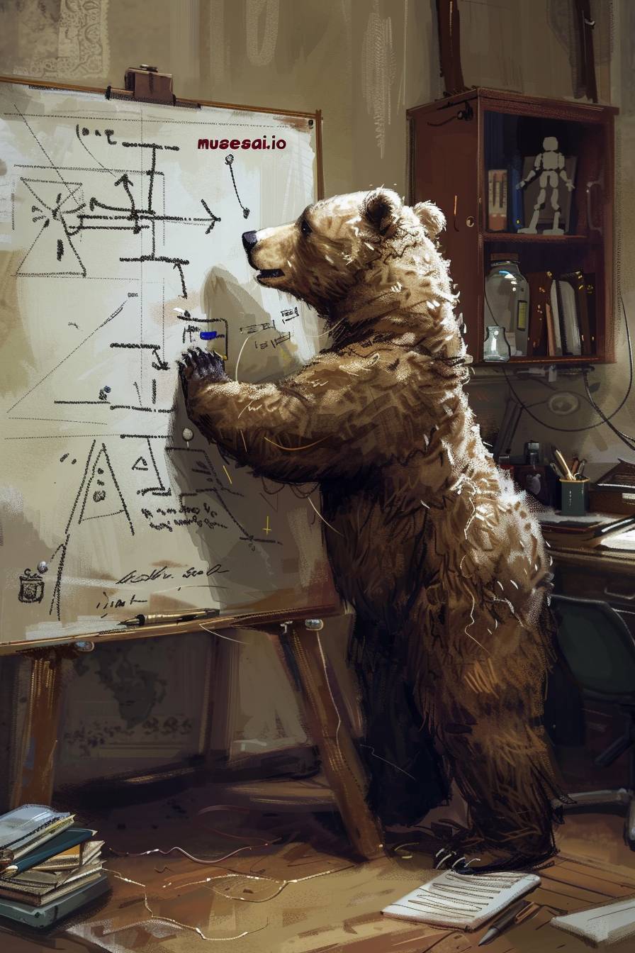 Teacher bear writing on whiteboard: 'musesai.io'