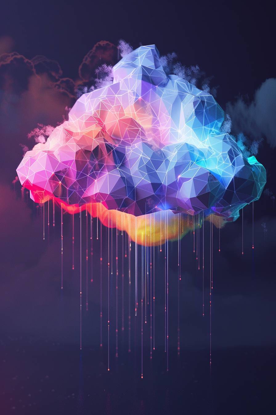 Create a colorful and vibrant 3D rendering of a rain cloud with a low poly style