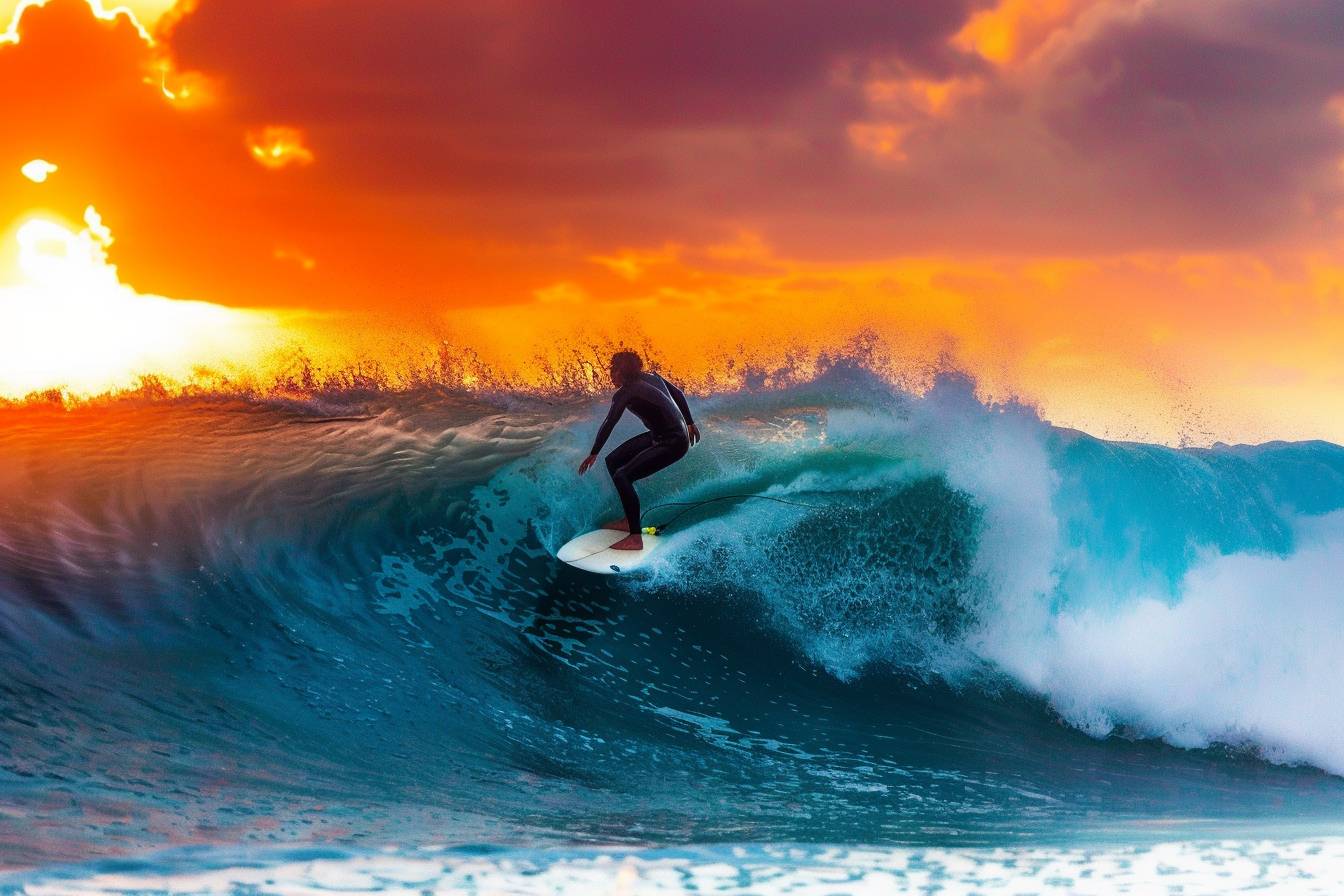 夕日の背景に大きな波を乗るサーファー。ドラマチックな海のしぶき。ポスターショット