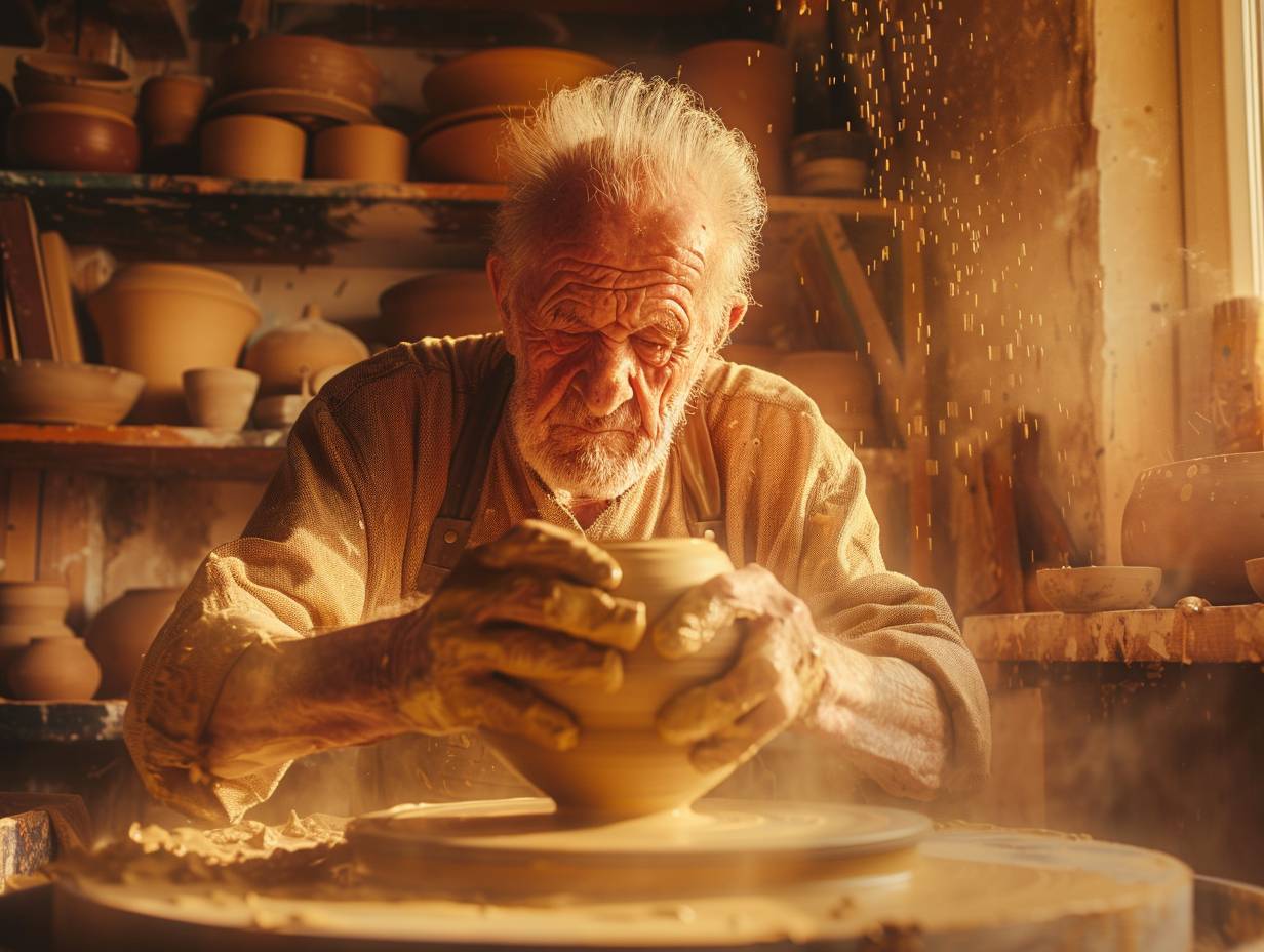 An elderly potter with hands covered in clay is working at the wheel, creating pottery with deep lines on his face. The atmosphere in the rustic studio is serene in the afternoon, with shelves filled with finished pottery and a kiln in the corner. The close-up shot captures the hands and face of the potter, with natural light filtering through a dusty window and clay particles suspended in the air. High-resolution texture.