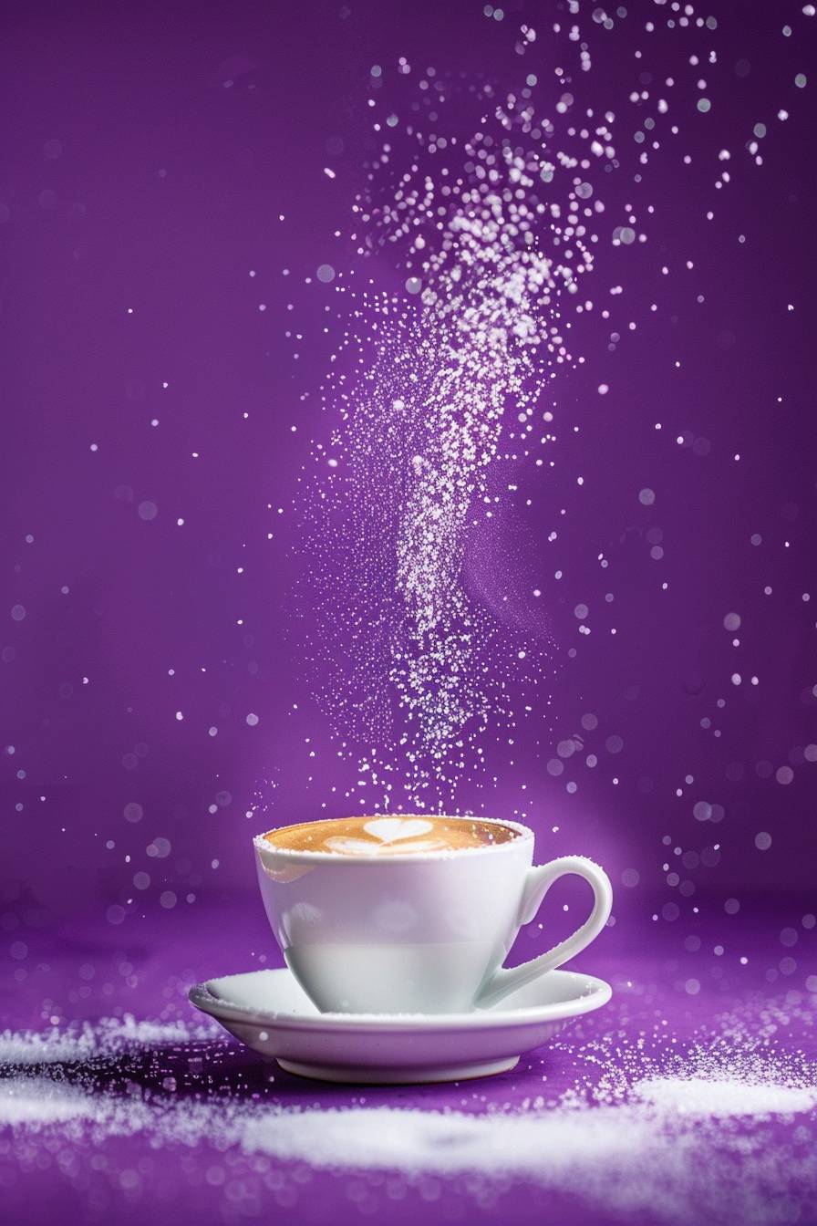Espresso coffee with milk, wallpaper, 4K, granulated sugar falling down, cup, purple color background, front view