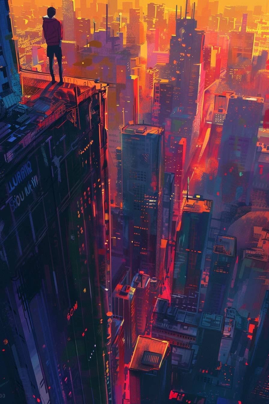 An illustration of a man on a high building watching the city, experiencing vertigo