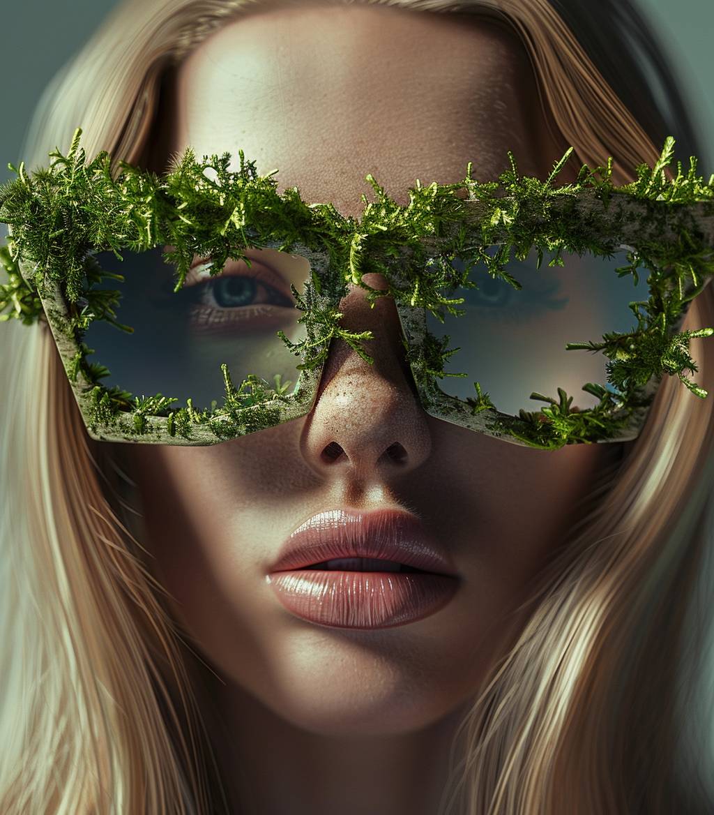 Fashion sunglasses designed from plant moss, street wear style, urban elegant and bio-made, worn by a blonde woman with long hair, focus on the flagship piece, natural environment, high resolution 3D conceptual visualization.