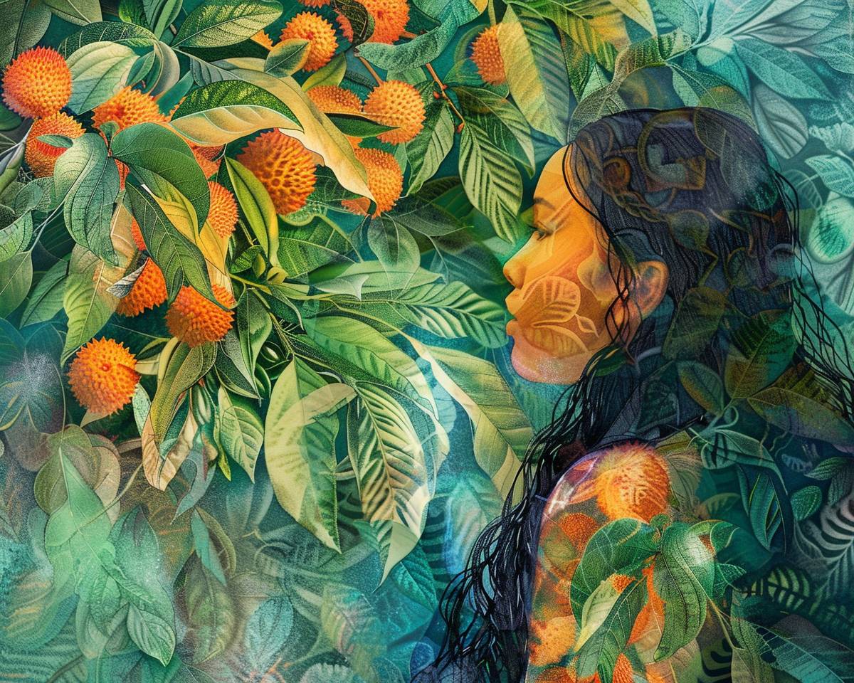 MJ- a woman emerges from a many loquat, nispero fruits, long black hair, bronze skin, indigenous Cuban native american, reaching the critical point of orange shown as red fractal shapes blending together, in Ethereal Watercolor style, with green and blue dreamy washes, nispero, loquat