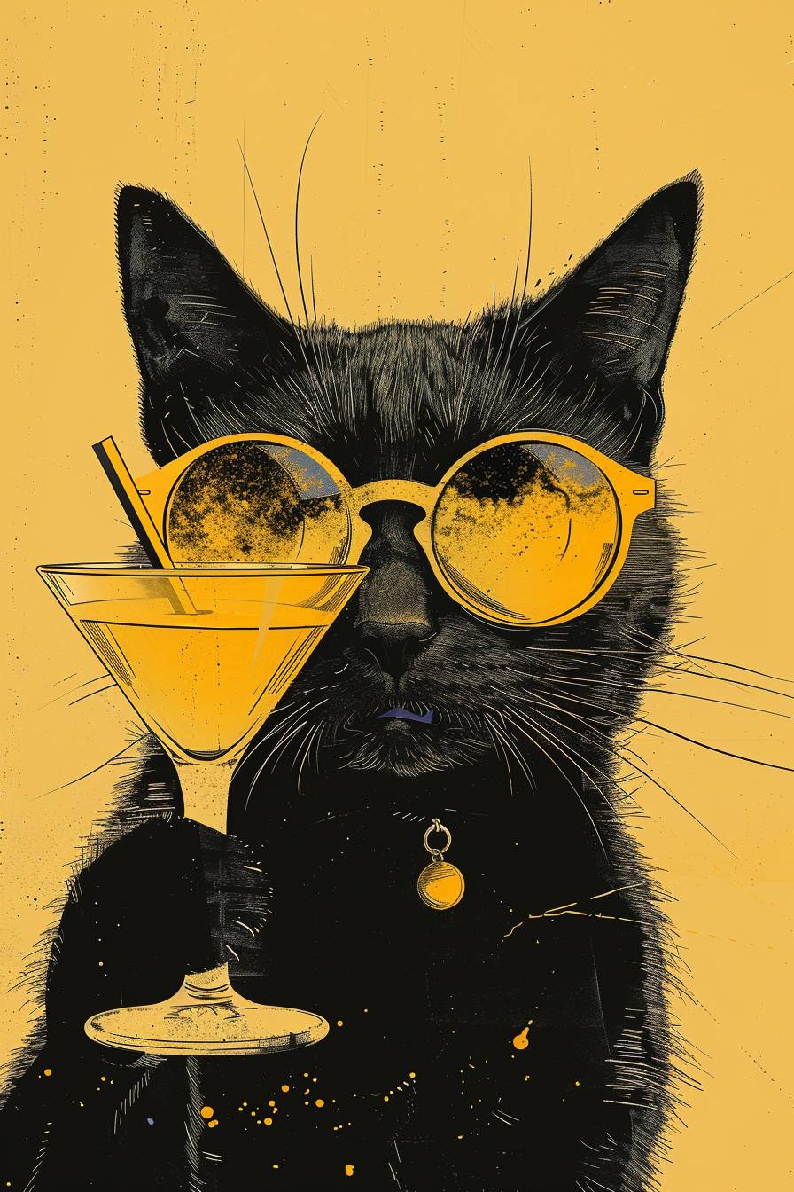 a black cat with sunglasses drinking from a martini glass, in the style of minimalist graphic designer, mallgoth, twisted characters, atomic mid century background, art.