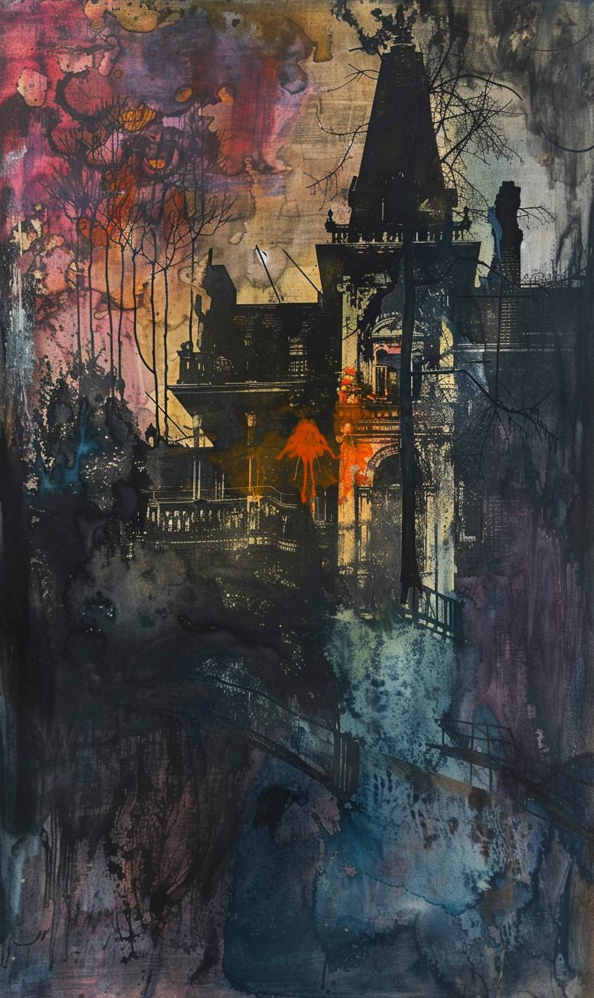 In style of Helen Frankenthaler, Haunted manor shrouded in mystery and darkness --ar 3:5  --v 6.0