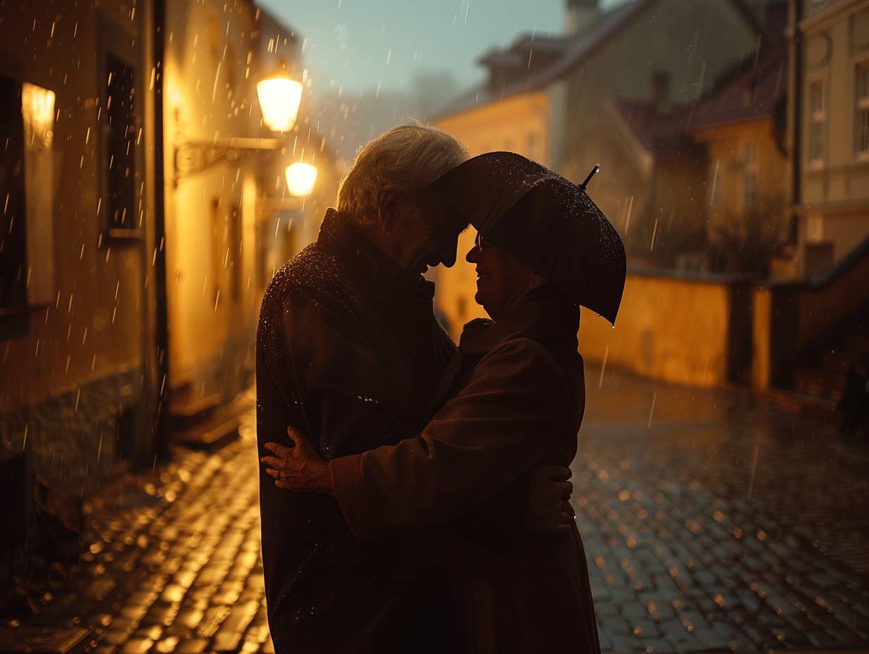 Elderly couple dancing in the rain. Joyful smiles. Holding each other close. Cobblestone street. Dusk. Old buildings, a street lamp casting a warm glow. Medium shot, waist up. Soft lighting, raindrops glistening in the light. Romantic ambiance.