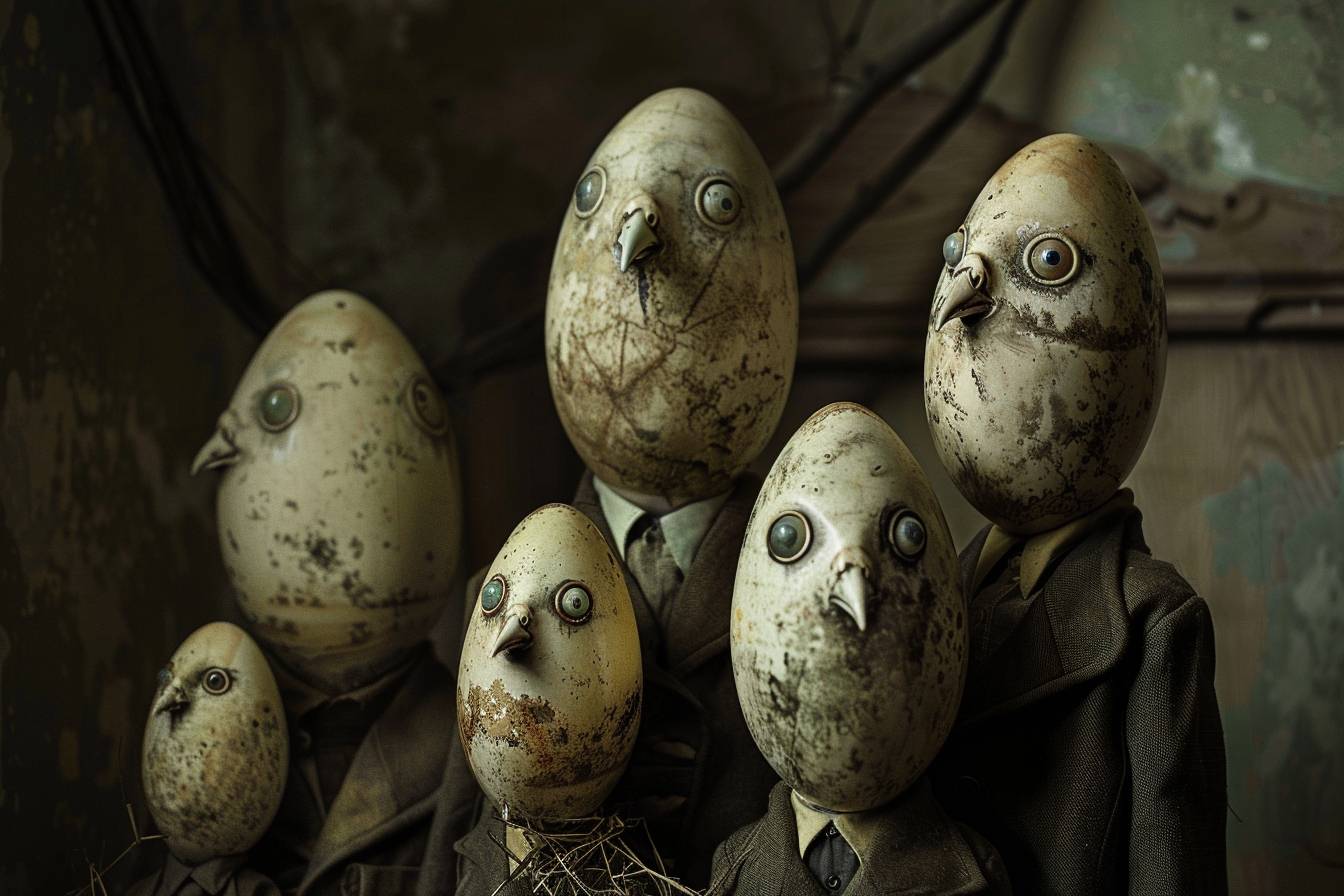 卵の頭の家族の写真肖像。神秘で表情がない。高いディテール。