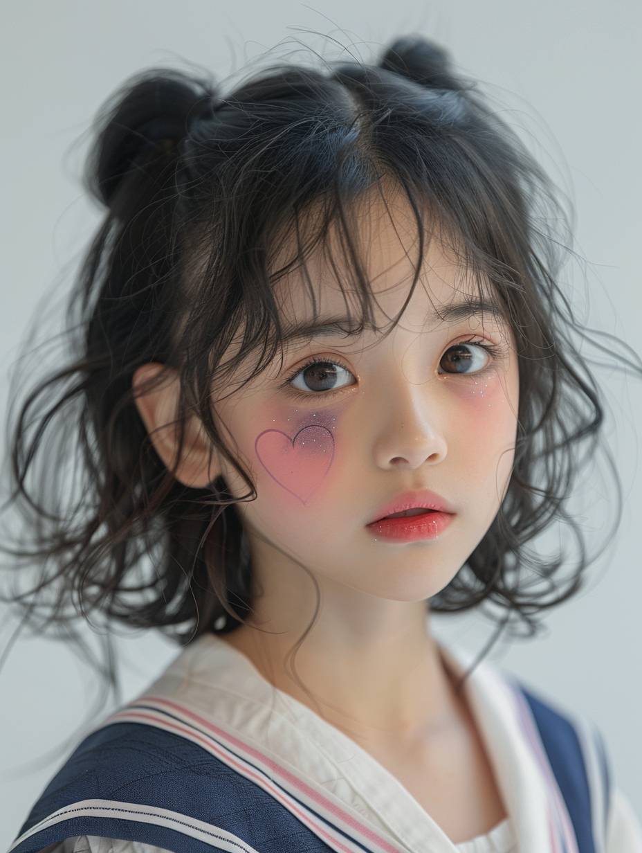 A 9-year-old Chinese girl with delicate and cute makeup, big eyes, a smiling face, pink and purple eyeshadow, pink blush, and purple lipstick. She has a pink heart painted on her cheek and black bobbed hair, wearing a sailor suit and new jeans style with a white background. The close-up shot captures her delicate skin and super detail.