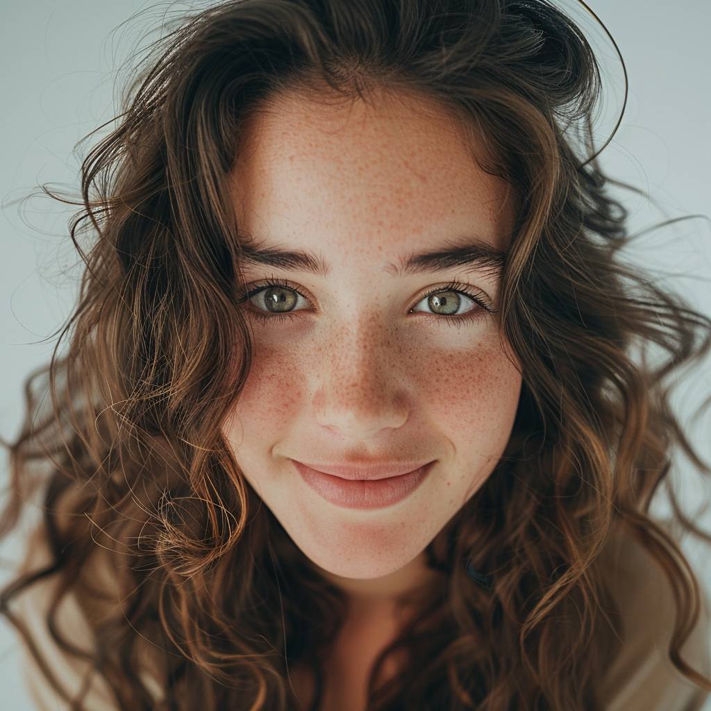 A realistic portrait of a young woman with great hair, smiling up at the camera. Emotionally complex, fast wave, precise detailing, clear edge definition, photorealistic, textural sensations cinematic, in the style of Zeiss Batis 18mm f/2.8 lens. White background, soft tonal transitions, digital gradient blends, grey and amber, accurate and detailed. Stock photo with 8K resolution.