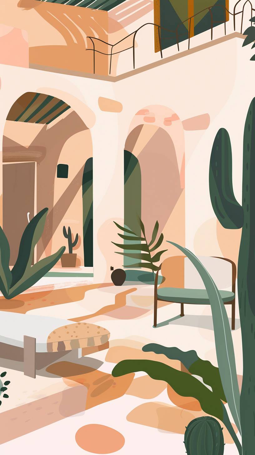 Desert courtyard. Mid century boho architecture art print, wall décor social media stories contemporary style. Vector illustration -- aspect ratio 9:16 -- style raw -- stylize 0 -- version 6.0