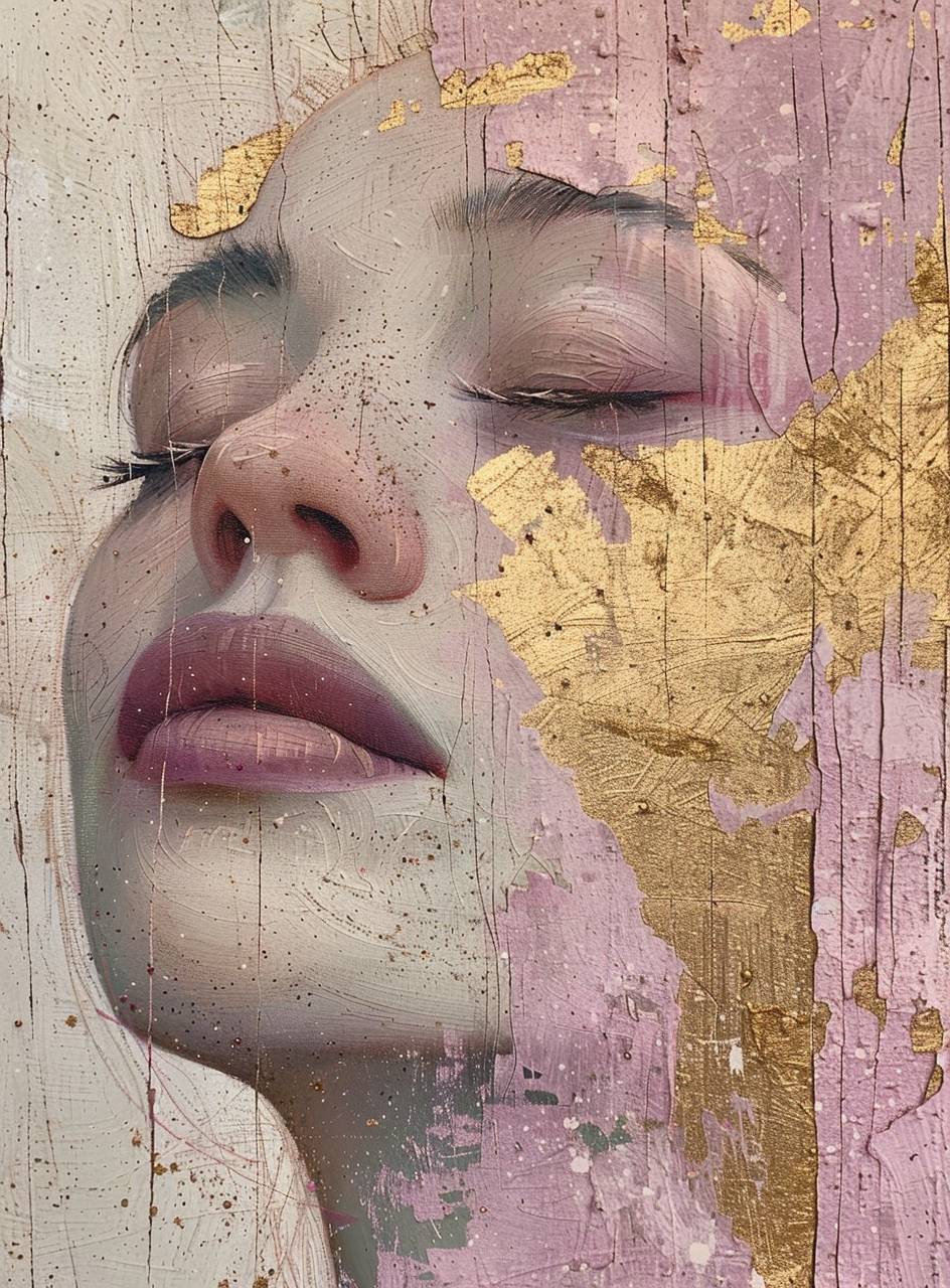 Abstract painting of a woman with golden threads on her face, textured canvas, and gold leaf details. It features pink, purple, and beige tones with a minimalist design.