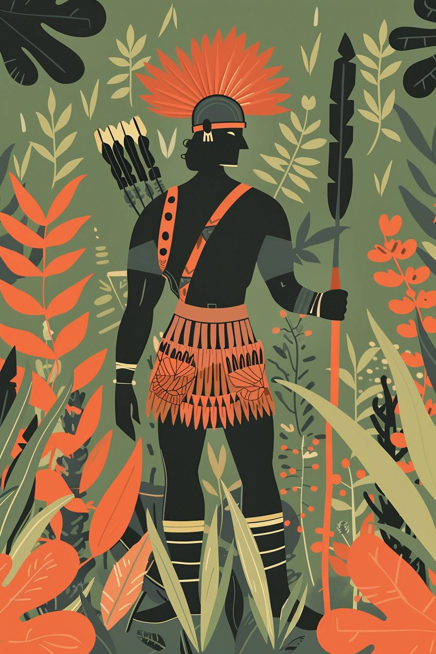 In the style of Henri Rousseau, warrior character, full body, flat color illustration