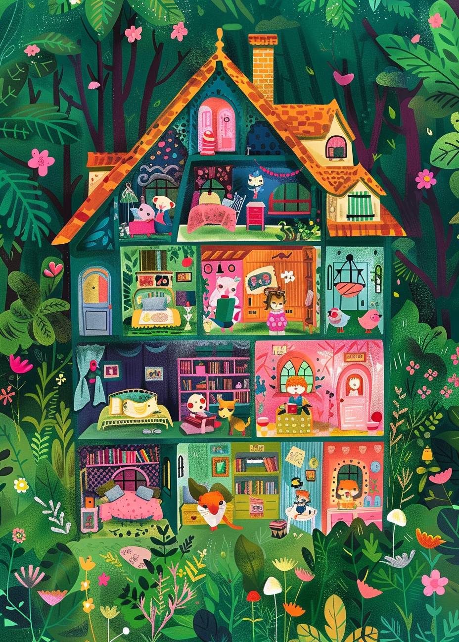 A vibrant and detailed illustration of an intricately designed dollhouse filled with various rooms, each featuring different cute animals engaged in activities like reading books or playing games. The outside features lush green grass surrounded by trees and flowers. In the style of Mary Blair's colorful whimsical illustrations.