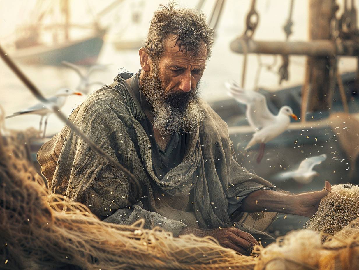 Bearded fisherman mending a net. Weathered skin. Steely eyes. Coastal village. Dawn. Fishing boats bobbing in the harbor. Medium shot, upper body. Soft lighting, seagulls circling overhead casting fleeting shadows.