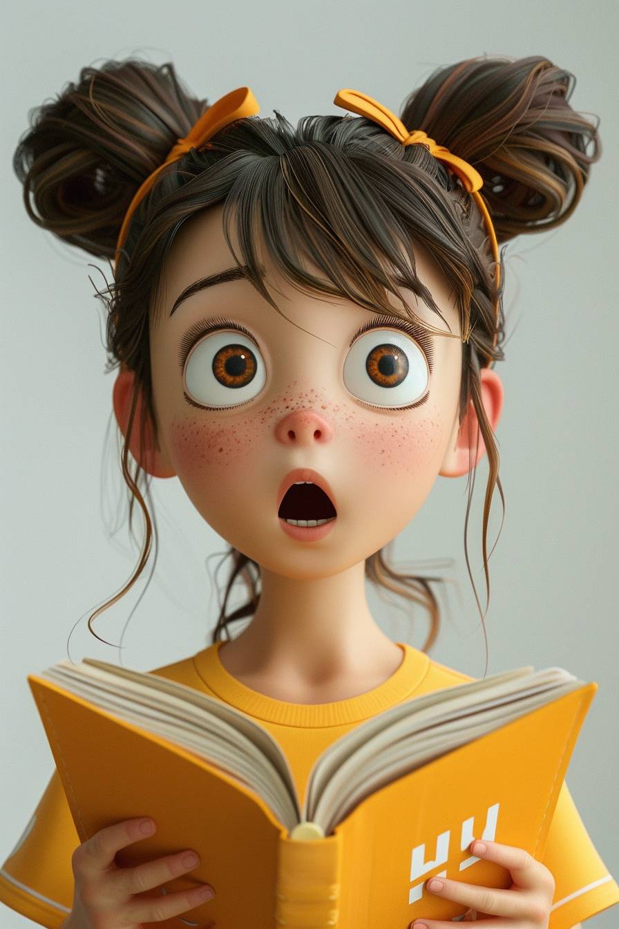 A girl named Clara wearing a football t-shirt and yellow shoes, with a surprised expression, discovering something amazing in a book, 3D render, Pixar style