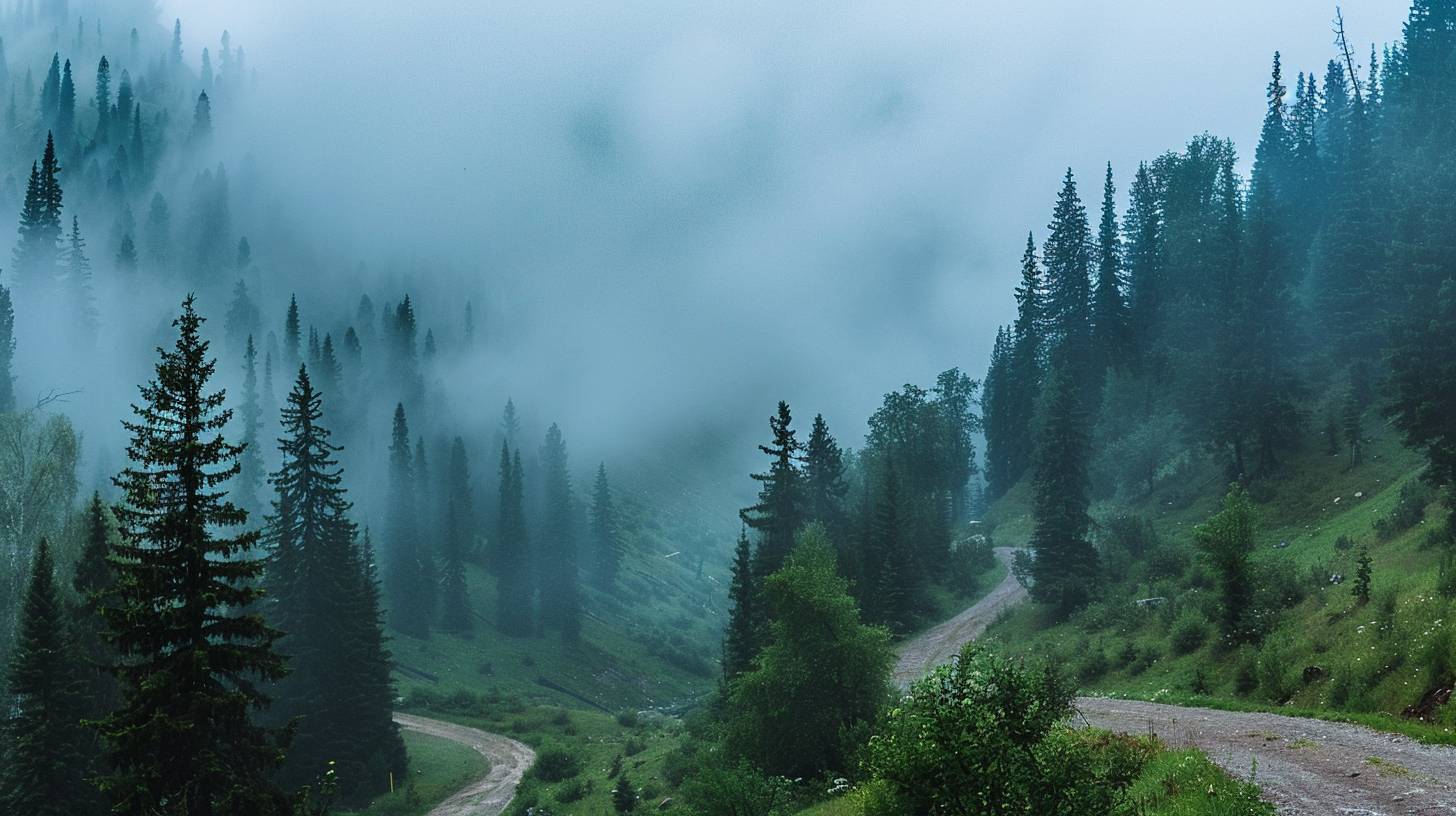A liminal space in a foggy mountain pass. The winding road disappears into the mist, flanked by towering pines. The fog muffles sound, creating an eerie silence. This scene captures the mystery and solitude of a journey through the unknown.