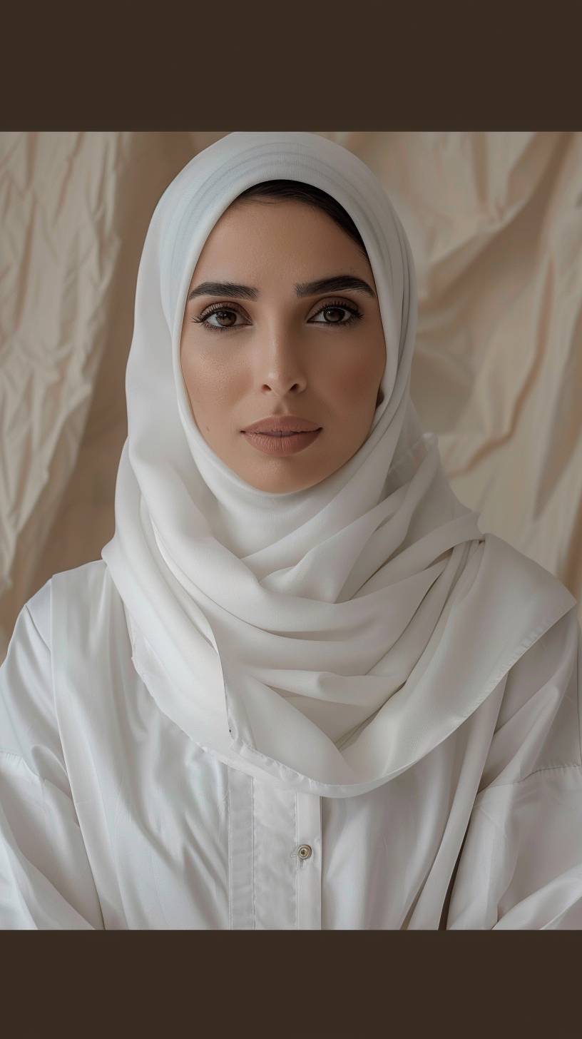 全面的なゴージャスアラビア女性美容外科医師は、長く美しい黒髪と完璧な肌で、直視カメラを見つめている、化粧室、ホワイトアラビアヒジャブ伝統的医師ファッション制服、顔の細部、ホワイトヒジャブ、顔の毛穴の詳細、ベージュの豪華な室内色、モダンなミニマリズムのプレミアム室内美容クリニック、高度に詳細な写真、ポートレート写真、毛穴の詳細、肌の質感の詳細、多くの詳細