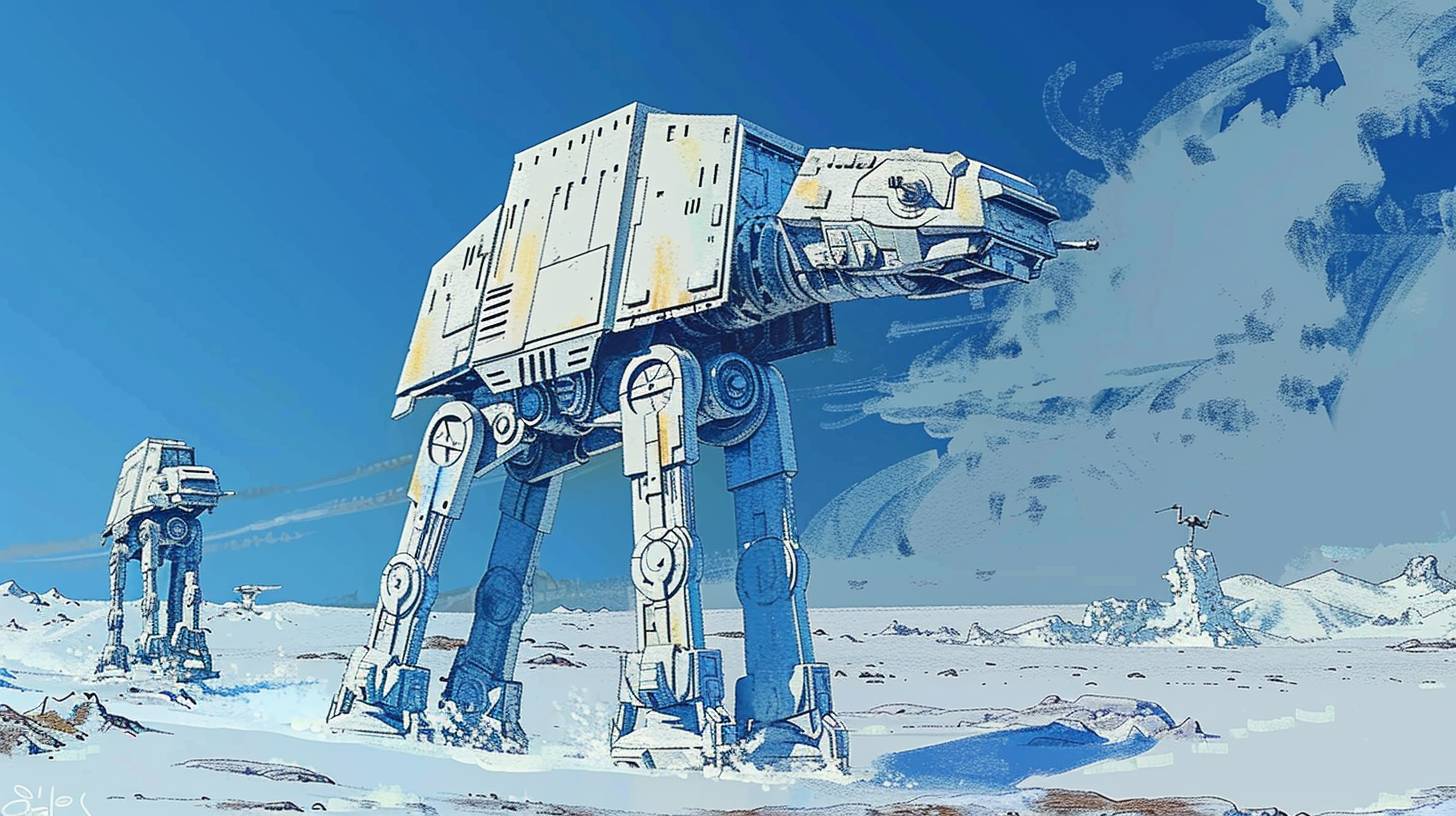 Line art with solid coloring of AT-AT on Hoth in the snow, dynamic action by Moebius and Syd Mead