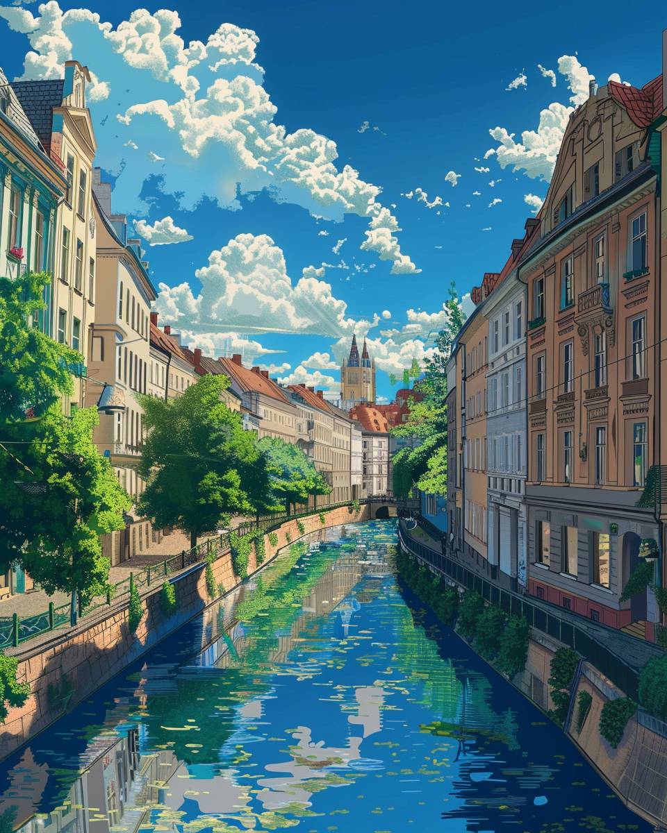 アニメスタイルで描かれたウィーンオーストリアの落書き運河沿いの家々や道路、青空と白い雲、宮崎駿風のスタイル、高解像度、高品質、高ディテール。