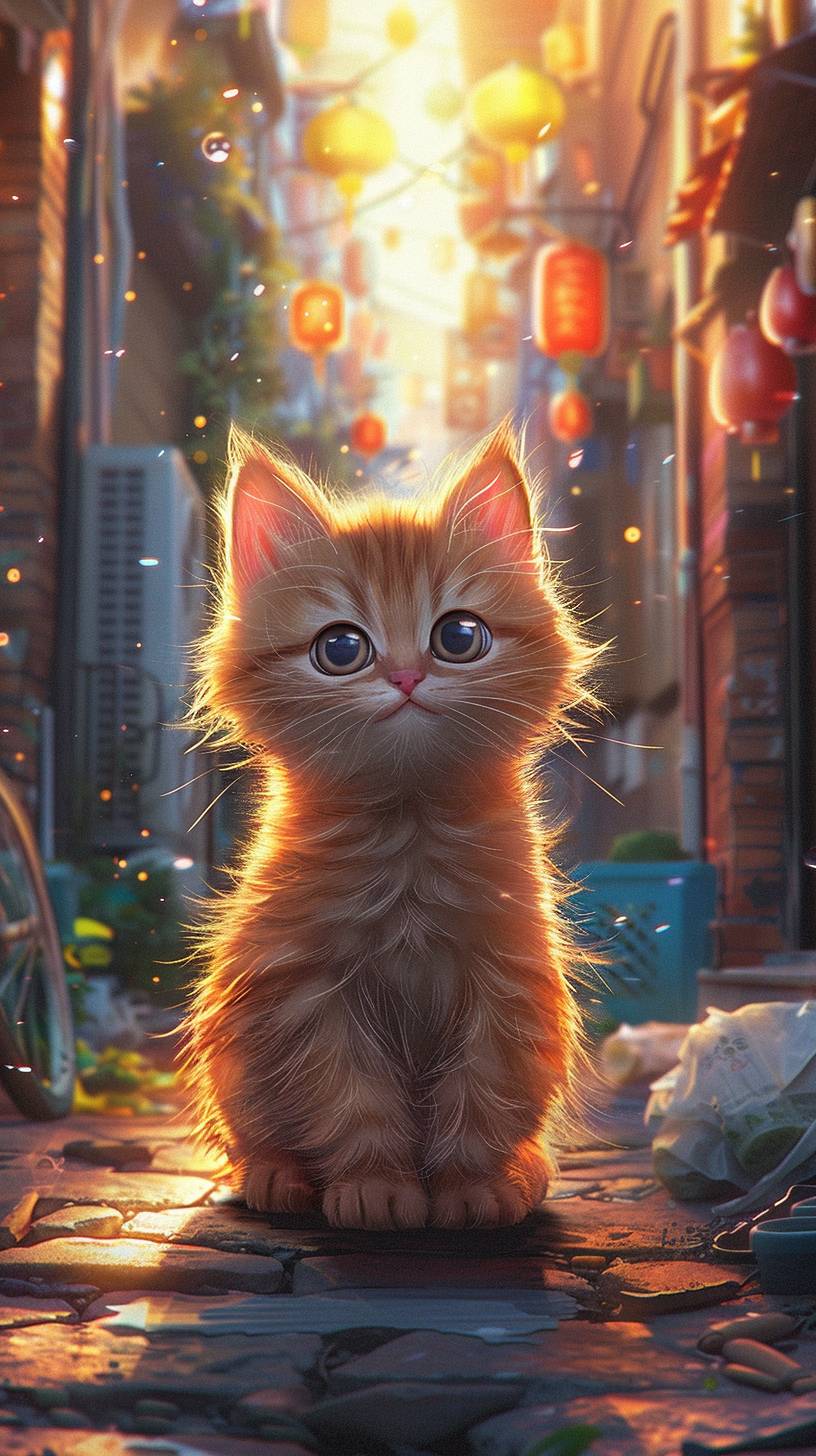 Pixarスタイルの子供向けイラスト、内気な表情をした小さくて貴重な茶色の子猫が大都市の路地に。日没、カラフル