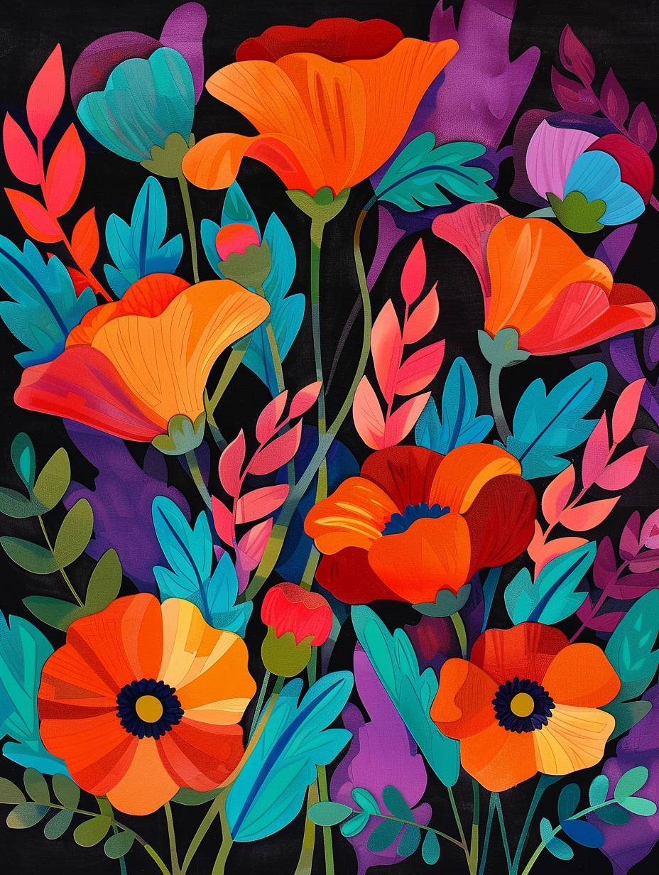 Matisse cutout poppies in the style of m directed in the style of Garry mccoy, folk art-inspired line art illustrations, folk illustration, handdrawn elements, flat color blocks, gouache and ink painting, colorful woodblock print, black background, orange pink purple blue green yellow