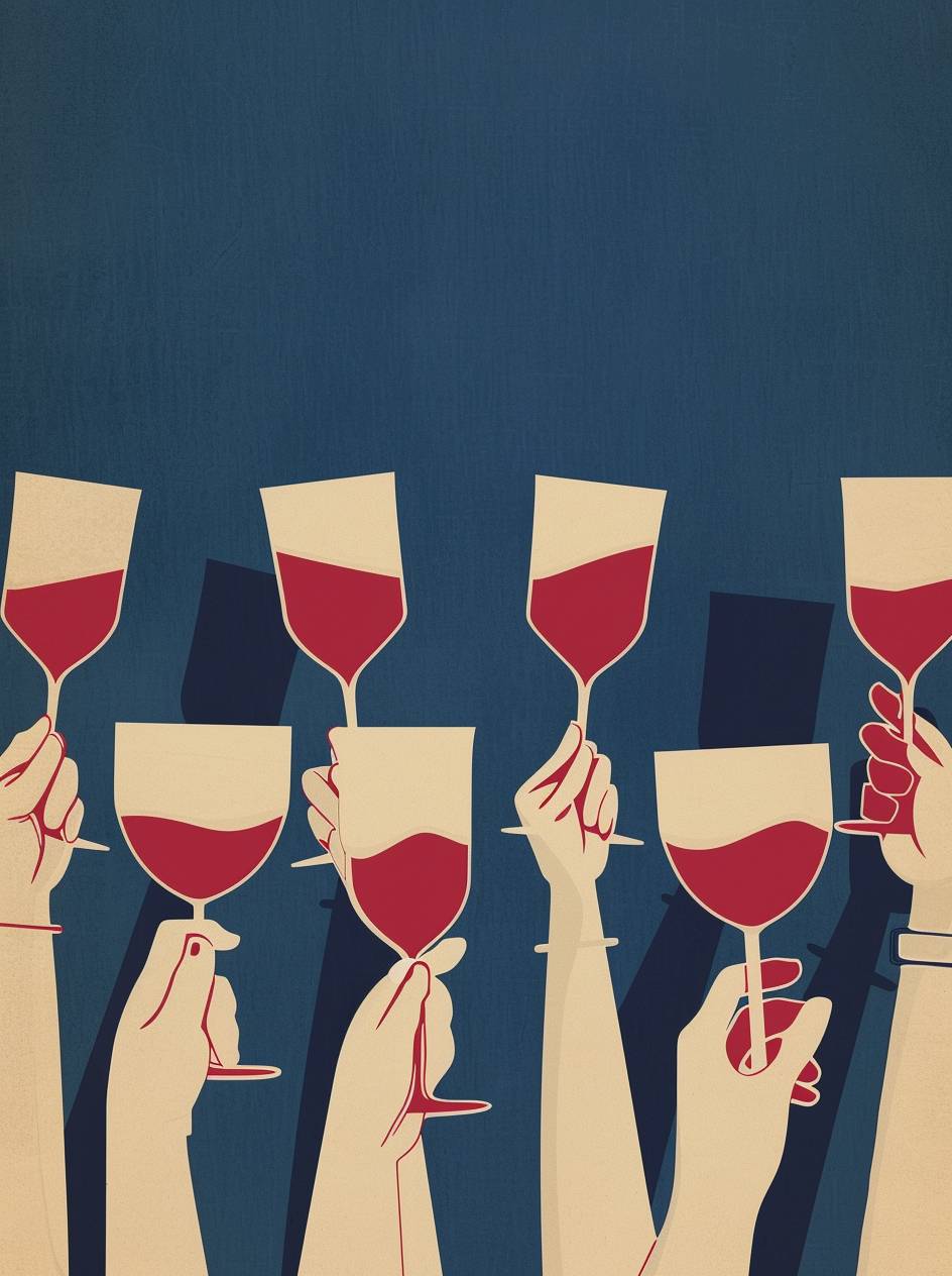 A simple, colorful vintage poster with words formed by stylized wine glasses and hands holding glasses filled with red liquid. The background is a deep blue, creating a contrast with the light beige outlines on the paper. This design evokes nostalgia for mid-20th century retro travel posters, but infuses it with a contemporary style. It's playful yet sophisticated.
