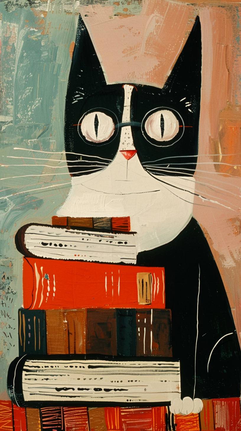 Painting by Mary Fedden depicting librarian-cat in glasses