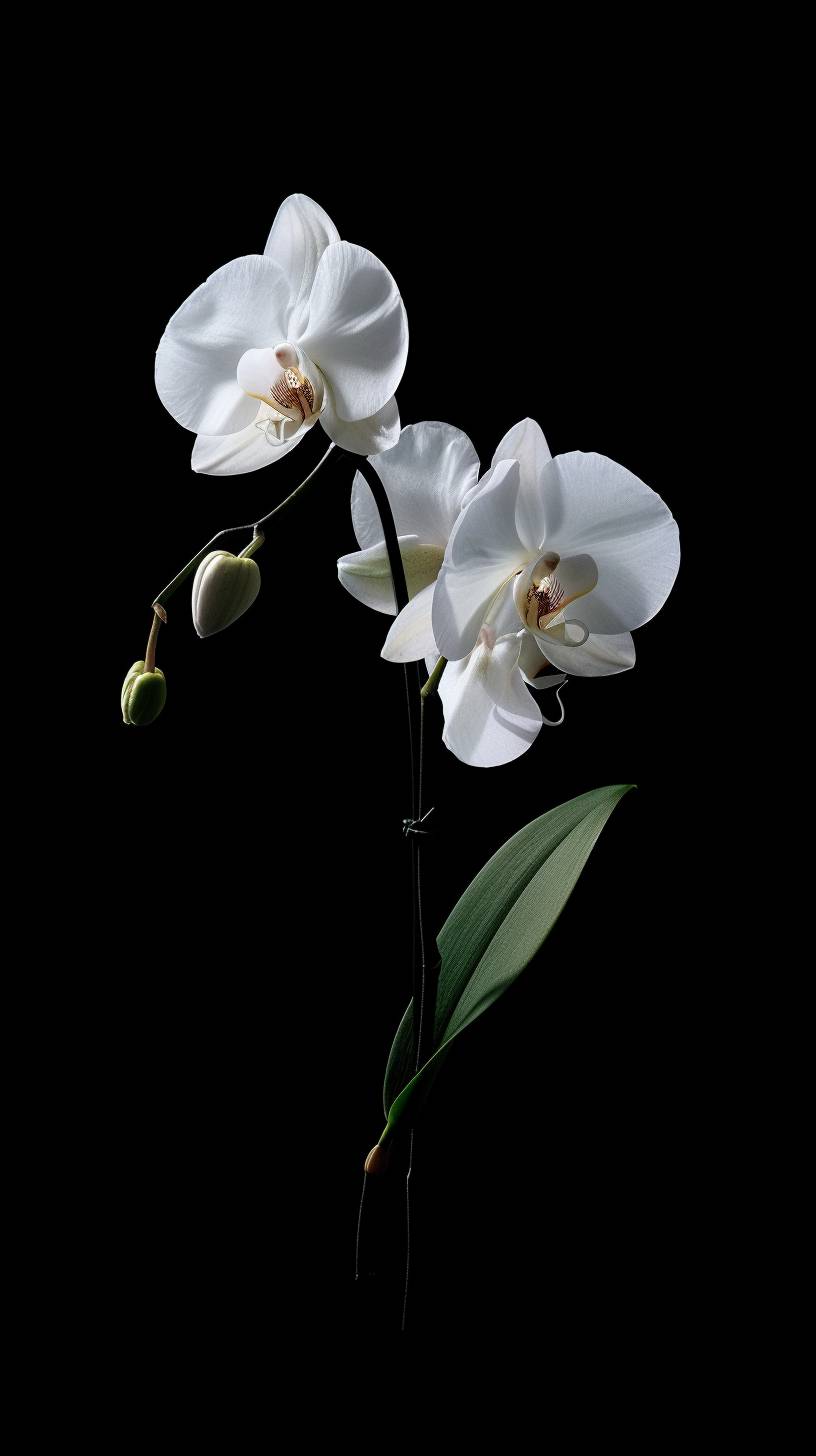 hyper realistic, ultra detailed white single orchid on a black background