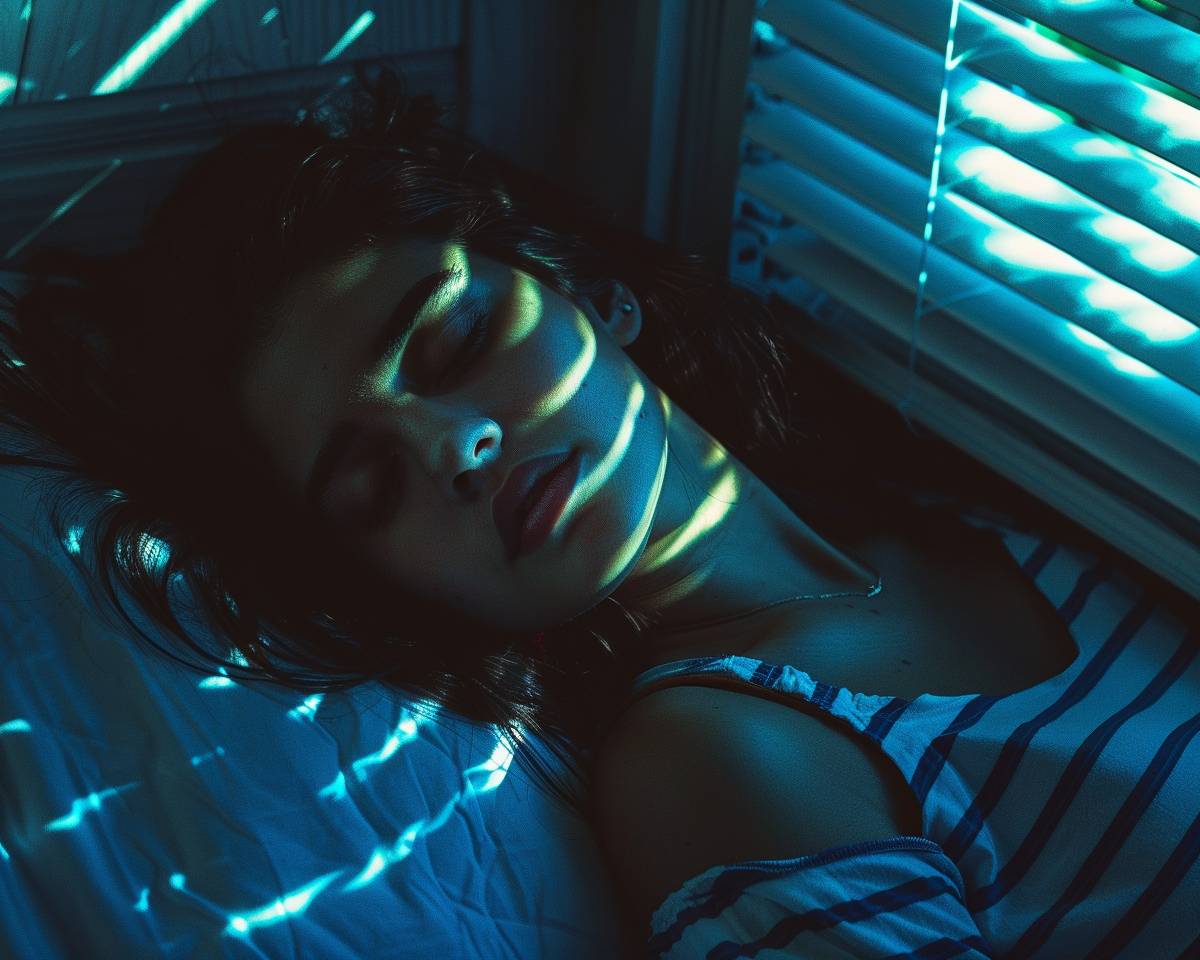 Night shadows on woman sleeping, dramatic photo, blue and grey colors, high contrast, interior scene, Retro VHS Effect