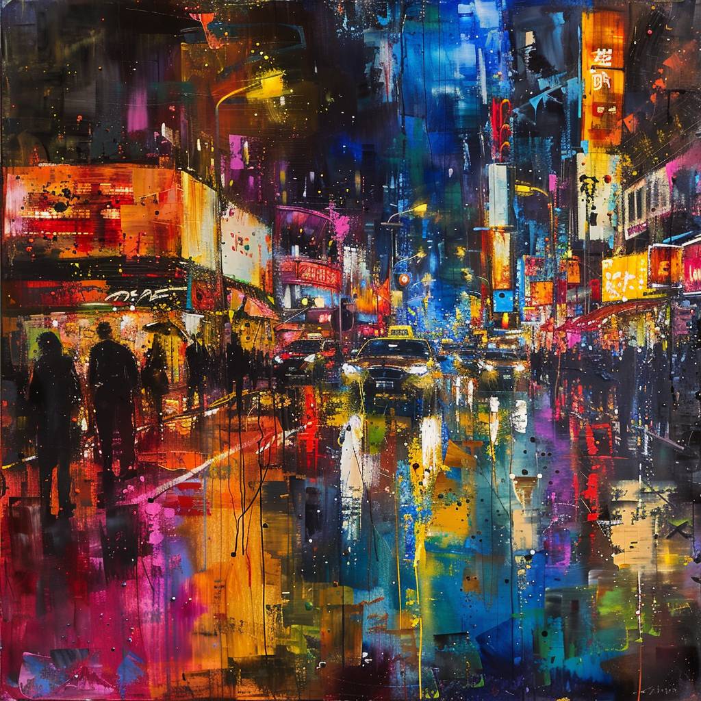 Vibrant polychromatic painting, a bustling city street at night, golden highlights, wet-on-wet effect, strong visual flow